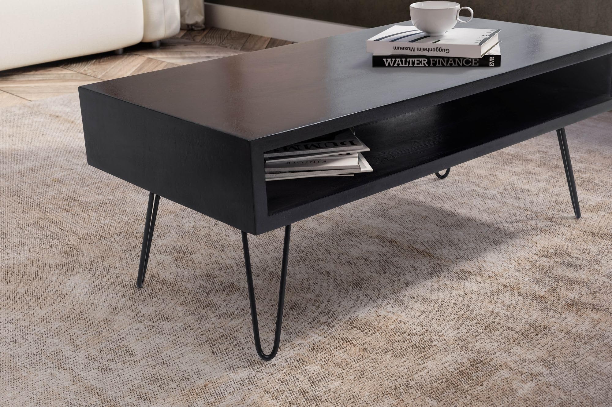 FineBuy Couchtisch 100x50x40 cm Mango Massivholz Schwarz, Hairpin | rechteckiger Wohnzimmertisch mit Ablagefach, Sofatisch aus Echtholz, handgefertigt, jedes Stück ein Unikat