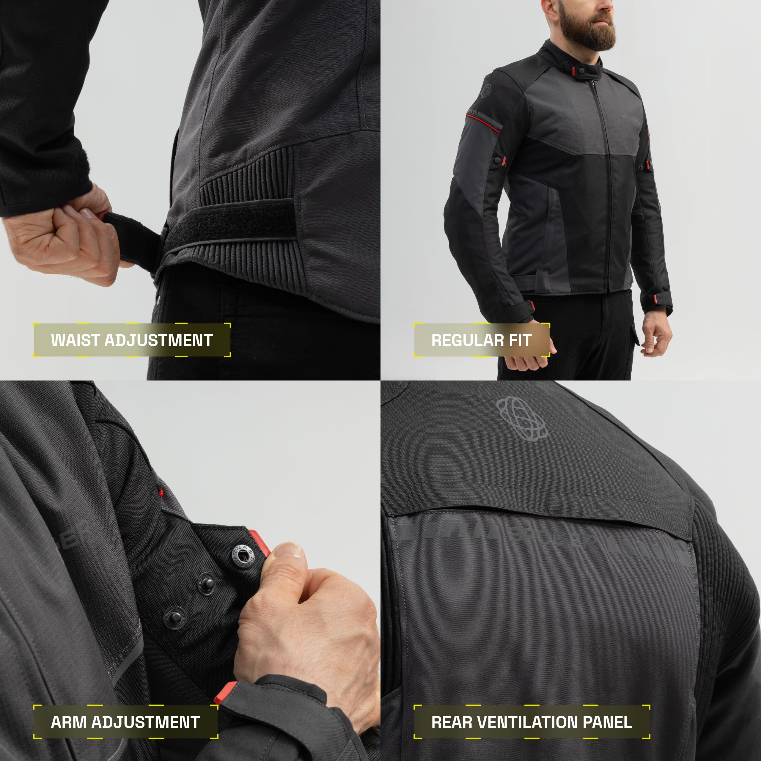 BROGER Grid Chaqueta de Moto Hombre | Textil | Protectores de codo y hombro | Membrana impermeable | Forro térmico extraíble | Nivel de protección AA | Tallas hasta 7XL