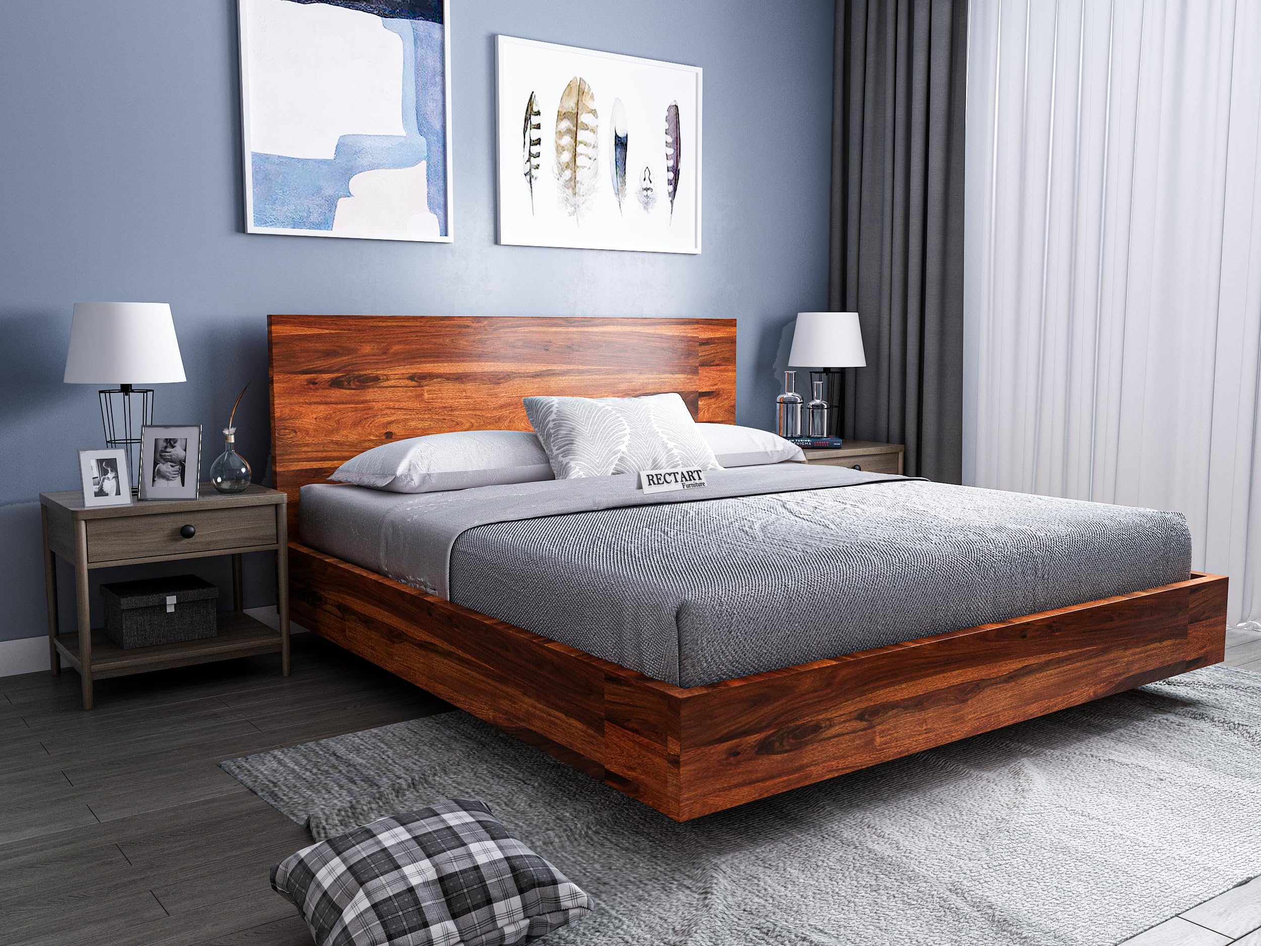 RECTART Solid Wood Wall Mounted Floating Bed with Iron Support & Head Board for Back Support | Hanging Bed | Without Storage | All Accessories Included (Contemporary, King Size)