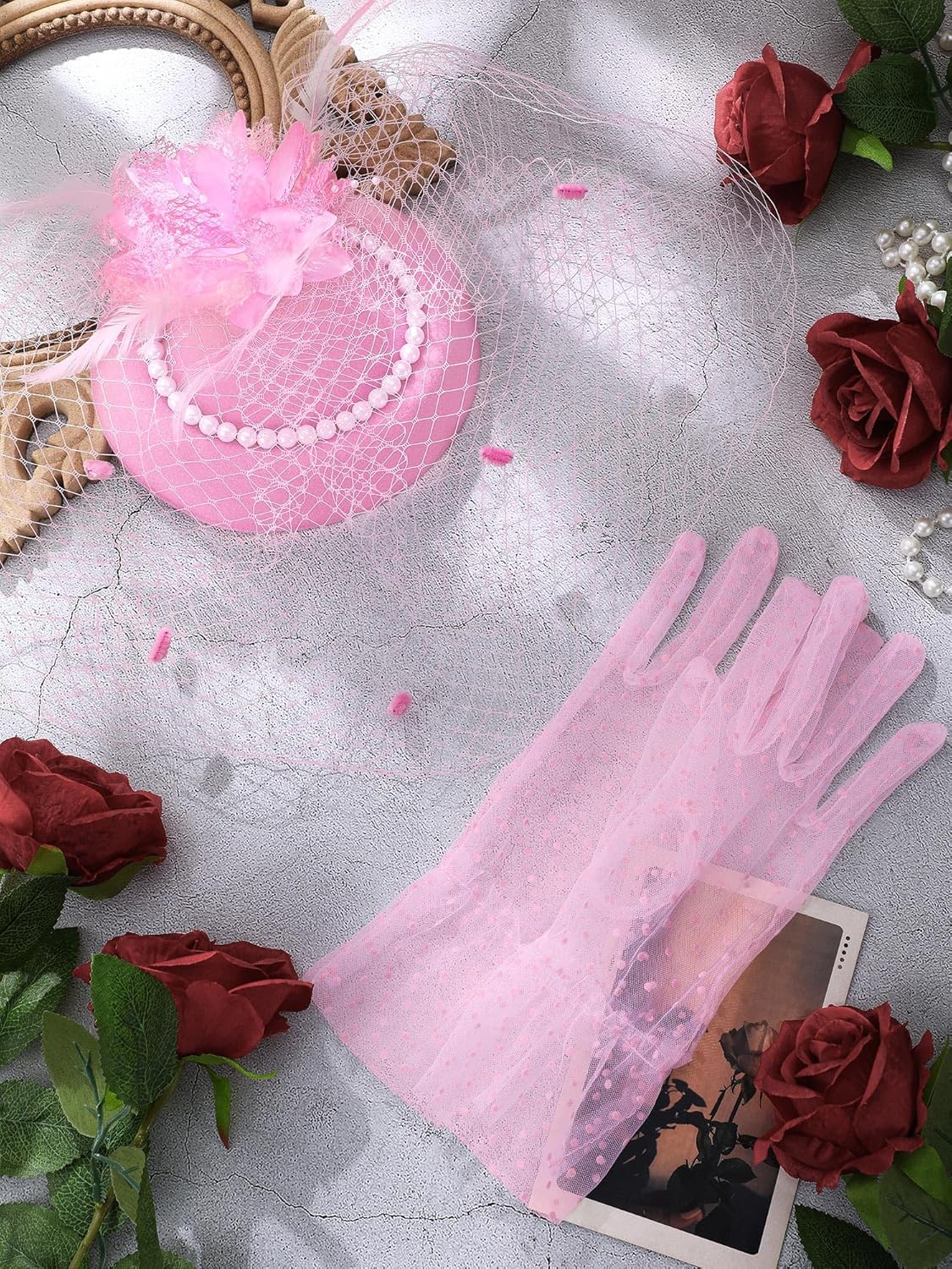 Geyoga 20s 50s Tea Party Hat Clip and Gloves Set Fascinator Hat for Women Funeral Pillbox Cocktail Clip with Veil - Image 7
