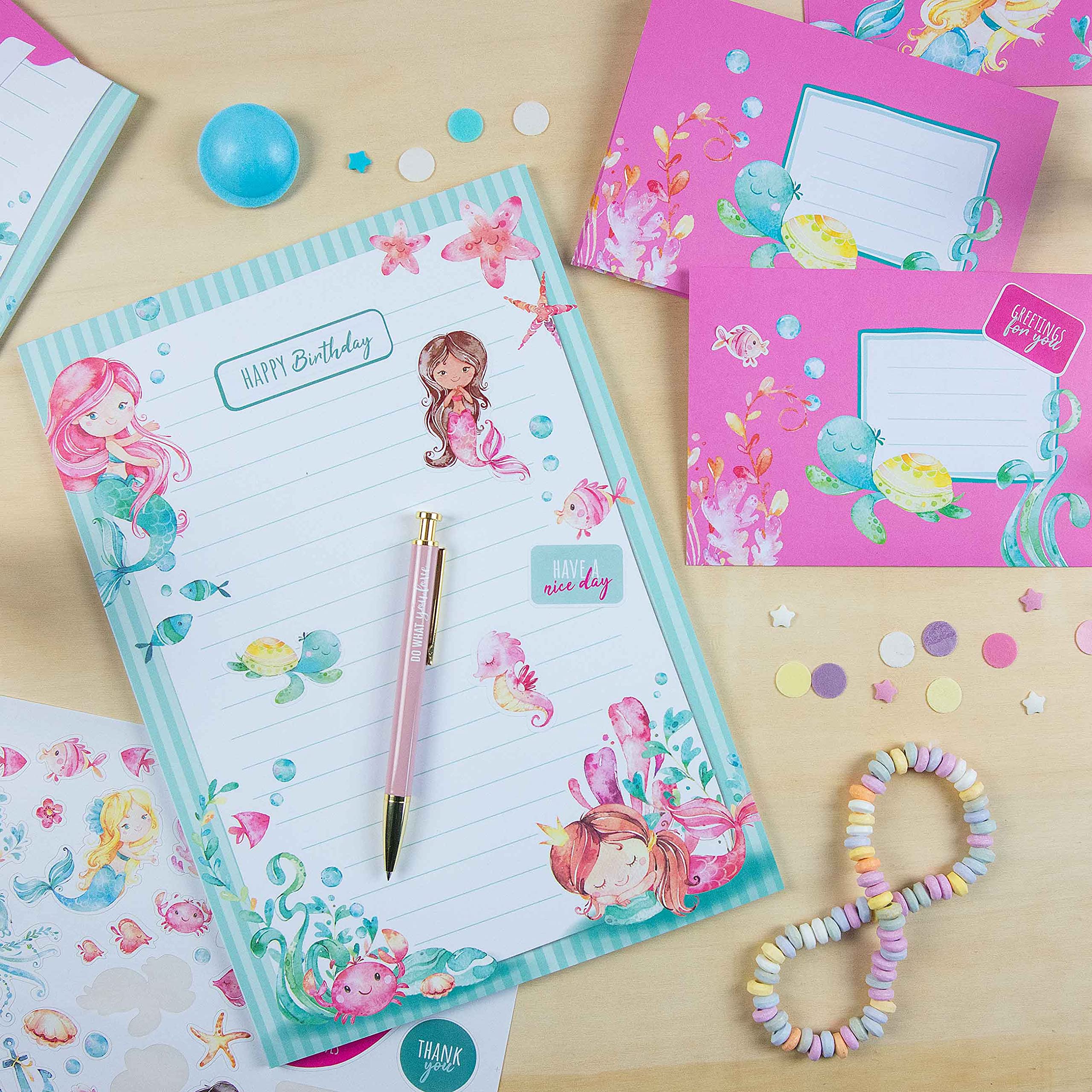 Papierdrachen Set di Blocchi per Lettere - 50 fogli colorati stampati - Carta da lettere con adesivi - 20 buste - Idea regalo per bambini Sirena