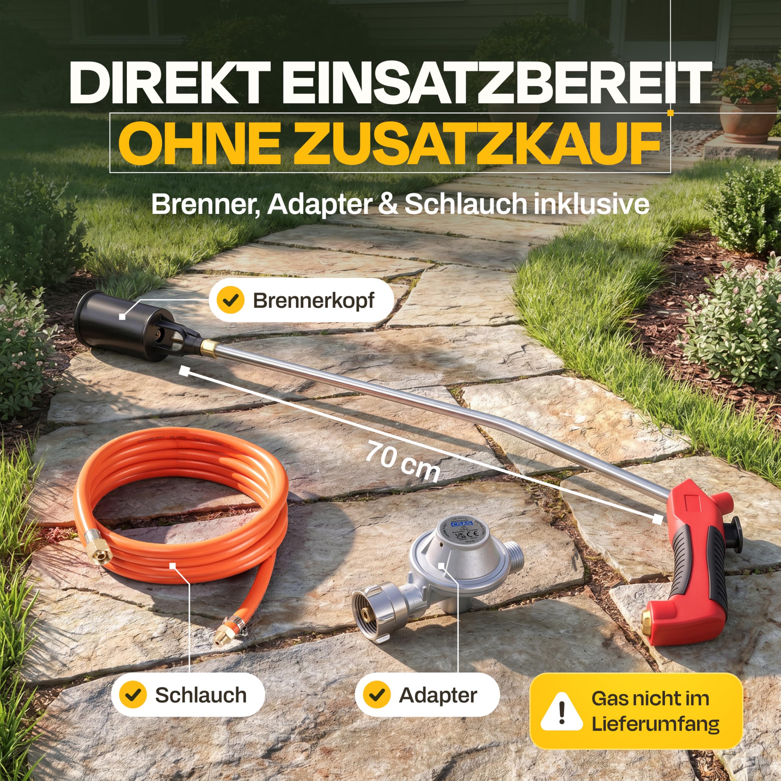 Unkrautbrenner Gas 2-in-1 – Abflammgerät mit Piezozündung für Gaskartusche & Gasflasche - bis 1.500 °C – stufenlose Flammenregelung – chemiefreie Unkrautentfernung für Garten & Hof