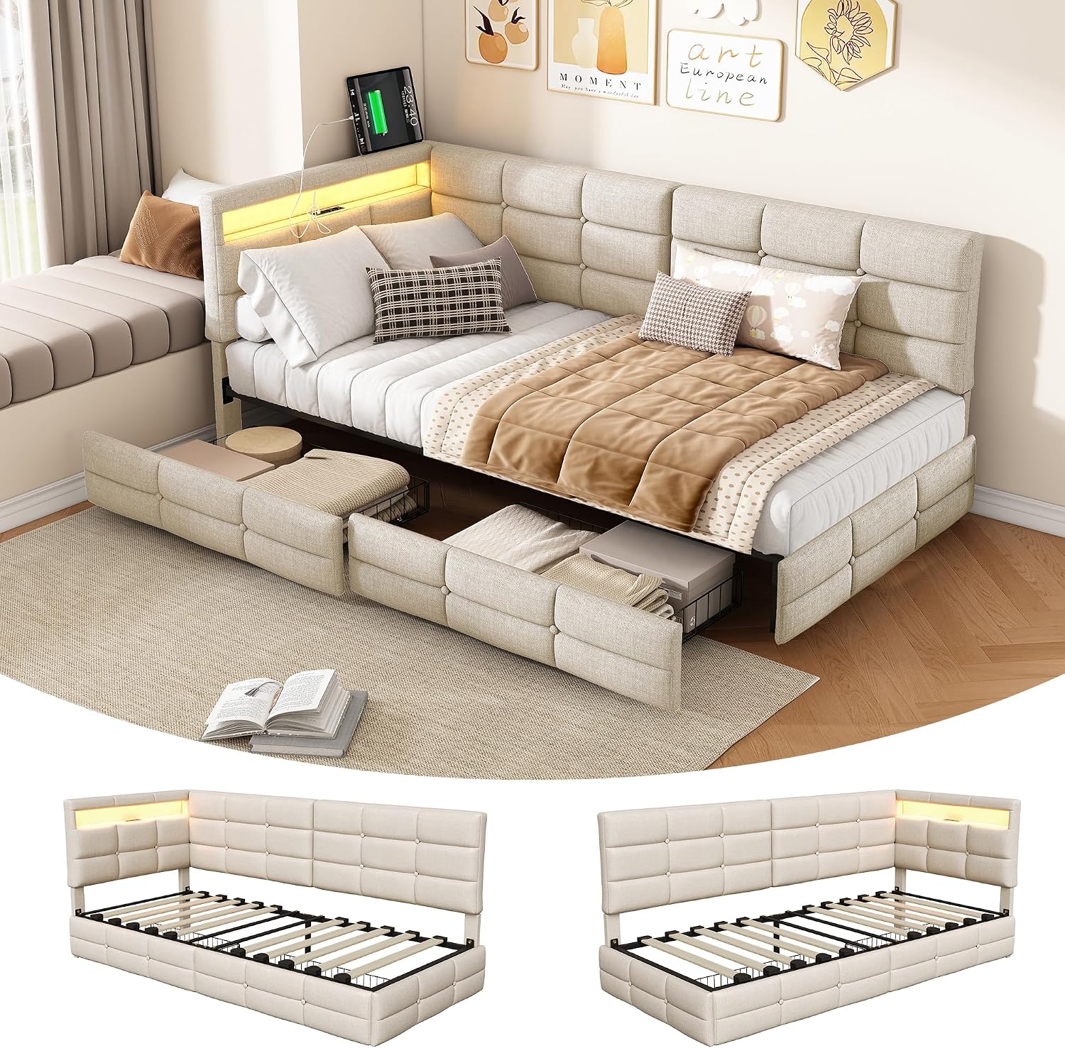 BRILVERDE Upholstered Bed 90 x 200 cm with Storage Space Sofa Bed with 2 Drawers Single Bed Day Bed with LED and USB Youth Bed with Slatted Frame Linen without Mattress Beige 90 x 200 cm