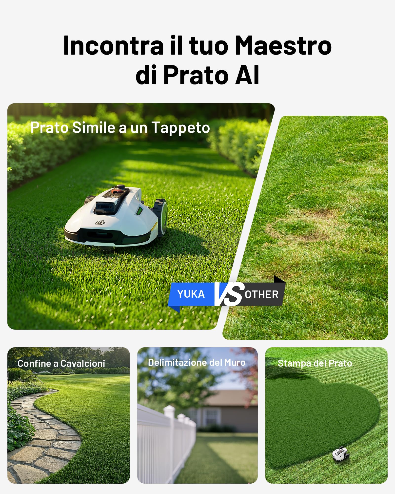 MAMMOTION YUKA 2000 Robot Tagliaerba Senza Filo Perimetrale, Consigliato 2000m², Max. 2400m², 3D AI Vision Auto-Mappaturae, 45% Pendenze, Altezza Taglio 20-90mm Larghezza Taglio 320mm, con Modulo 4G