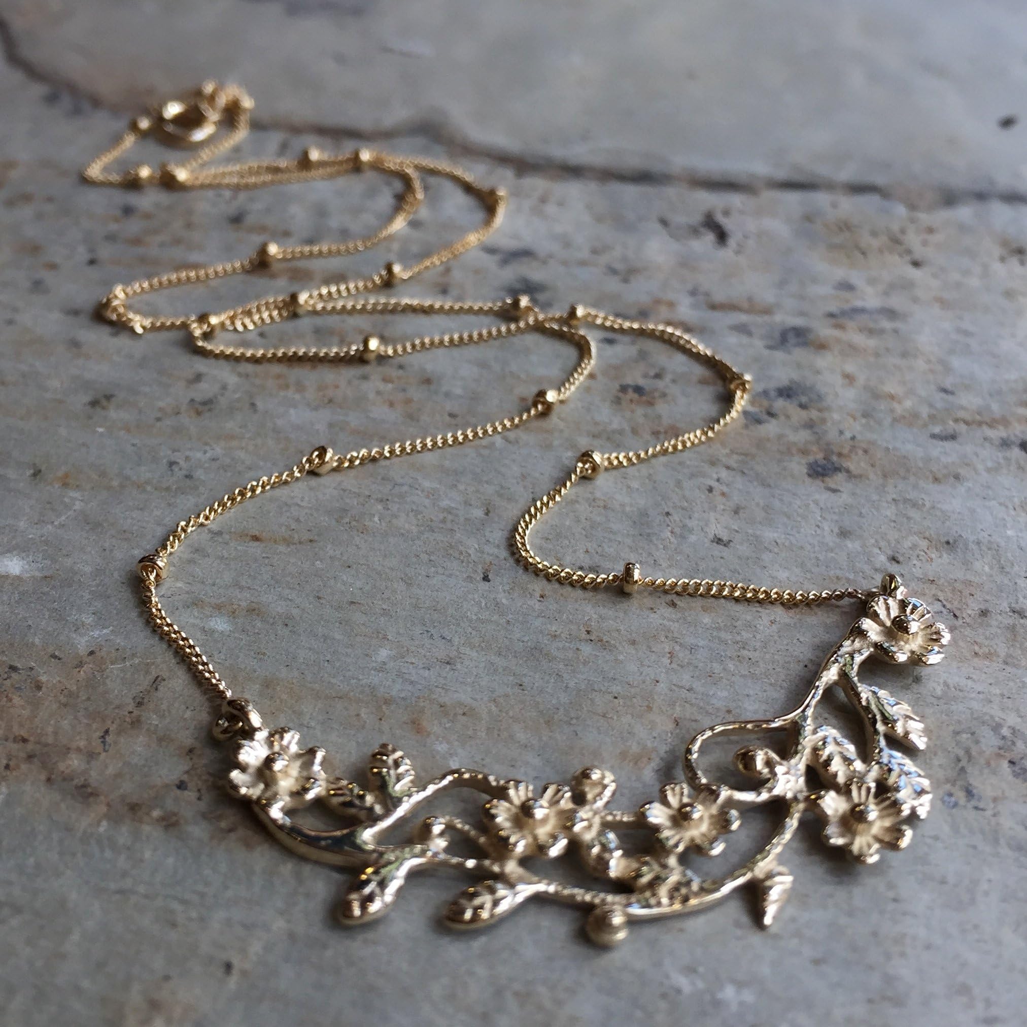 10K Yellow gold floral botanical necklace Floral statement bridal pendant - Boundless love NG2010