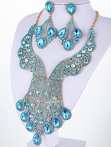 Miniatura 7 de Janefashions Peacock Feather Teal Austrian Rhinestone Crystal Statement Collar Pendientes Set Gargantilla Show Beauty Queen N820t, Cristal