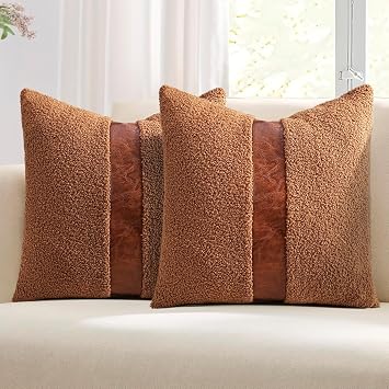 cygnus Teddy Boucle Decorative Throw Pillow Covers 18x18 Inch Faux Leather Contrast Accents Fluffy Faux Fur Sherpa Textured Pillowcase Boho Farmhouse Home Decor for Couch Bed Living Room, Brown 2PCS