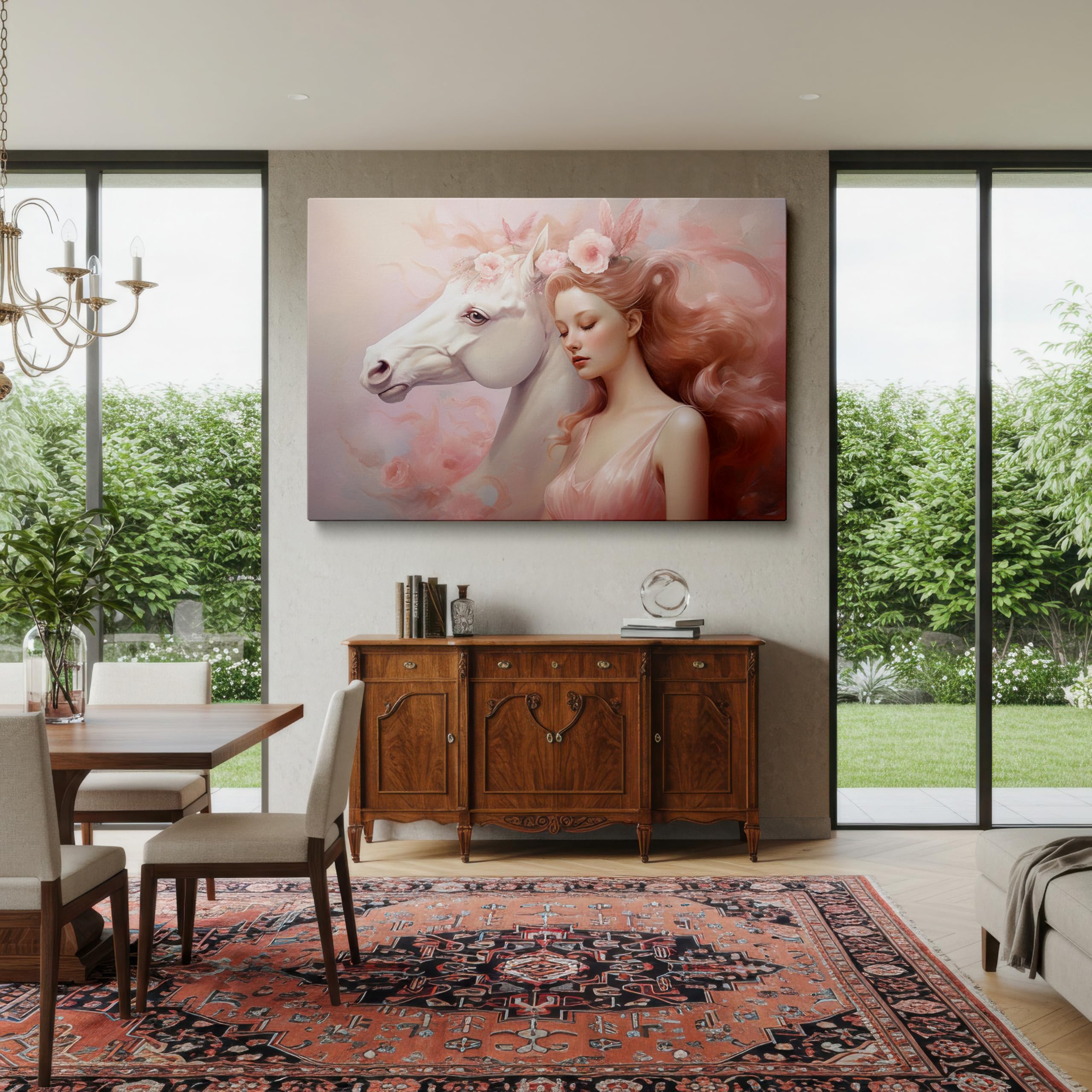 Art Wall: Ethereal Grace and Serene Beauty with a Woman and Her Mythical White Horse. Interior Decor, Canvas Art Design, Arts Wall Decoration, Office Arts Design, Size: 69x46 cm (27x18 inch)