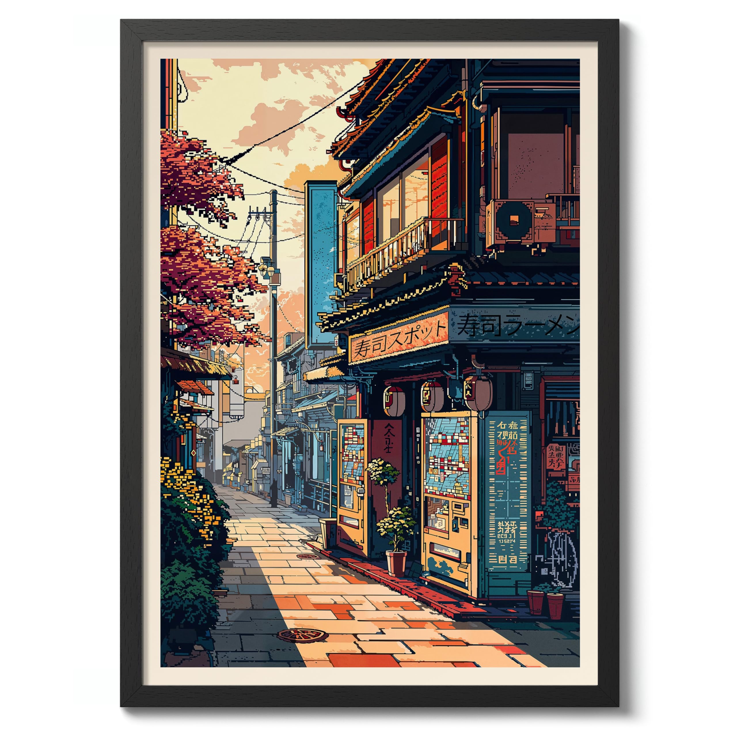 Animato Ramen Vending Machine Anime Woodblock Poster Print, Cartoon Manga Edo Aesthetic Wall Art Japanese Wall Art Bedroom Home Decor, A3 (Black Frame) - 45x32.8cm โ image 1