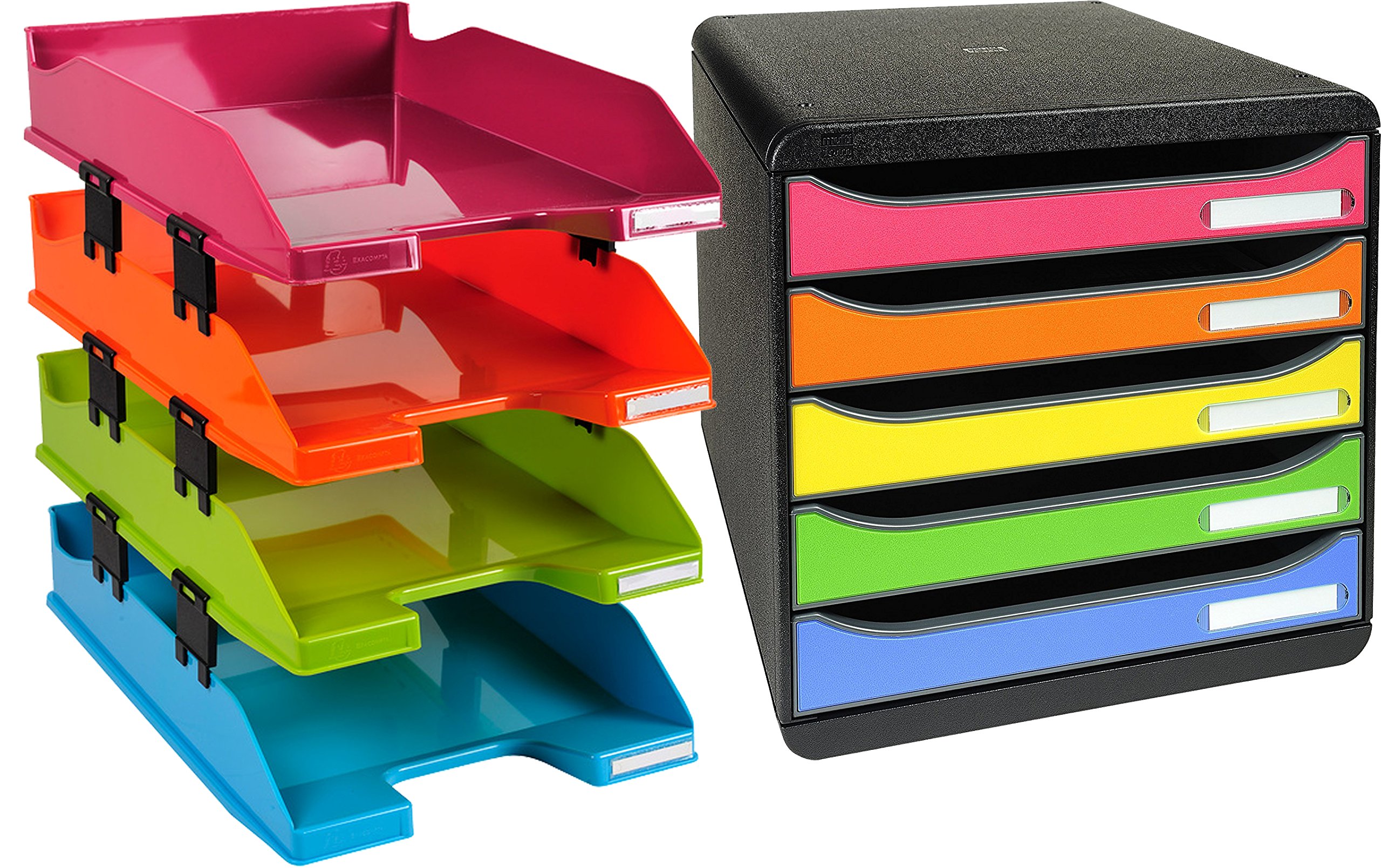 Exacompta Ablageboxen Special Set | Big-Box Plus Classic, harlekin + Set 4 Briefablagen Combo Clips Farbig Sortiert
