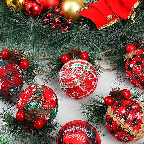 Miniatura 3 de Tegeme 16 adornos de bola de búfalo de Navidad de 3 pulgadas, bola de tela de arpillera rústica a cuadros para árbol de Navidad, adornos colgantes
