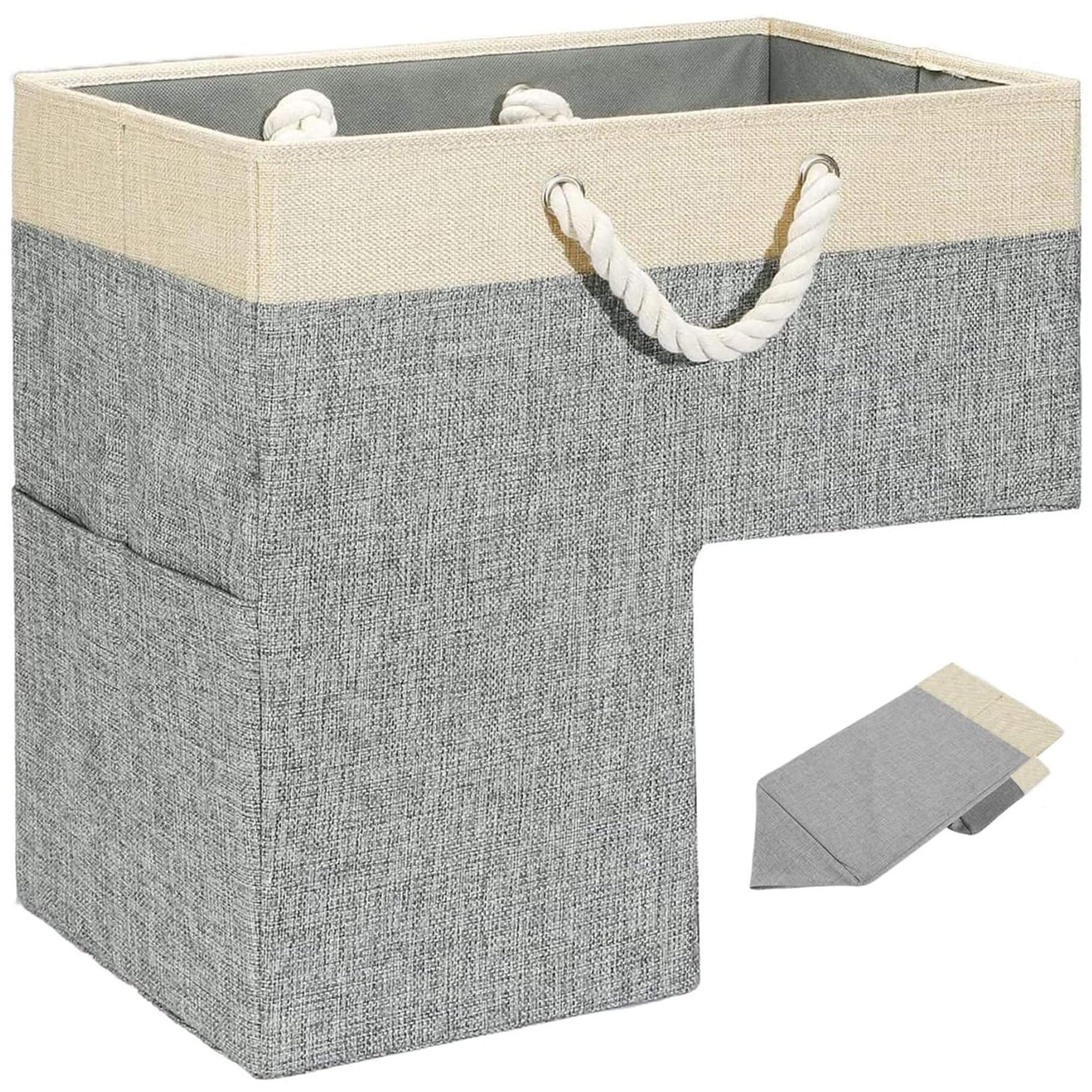 Foldable Stair Baskets, Smart Stair Step Storage Organizer (Grey) with White Handles for Carpeted and Wooden Stairs - [16" L x 9.8" W x 16" H]