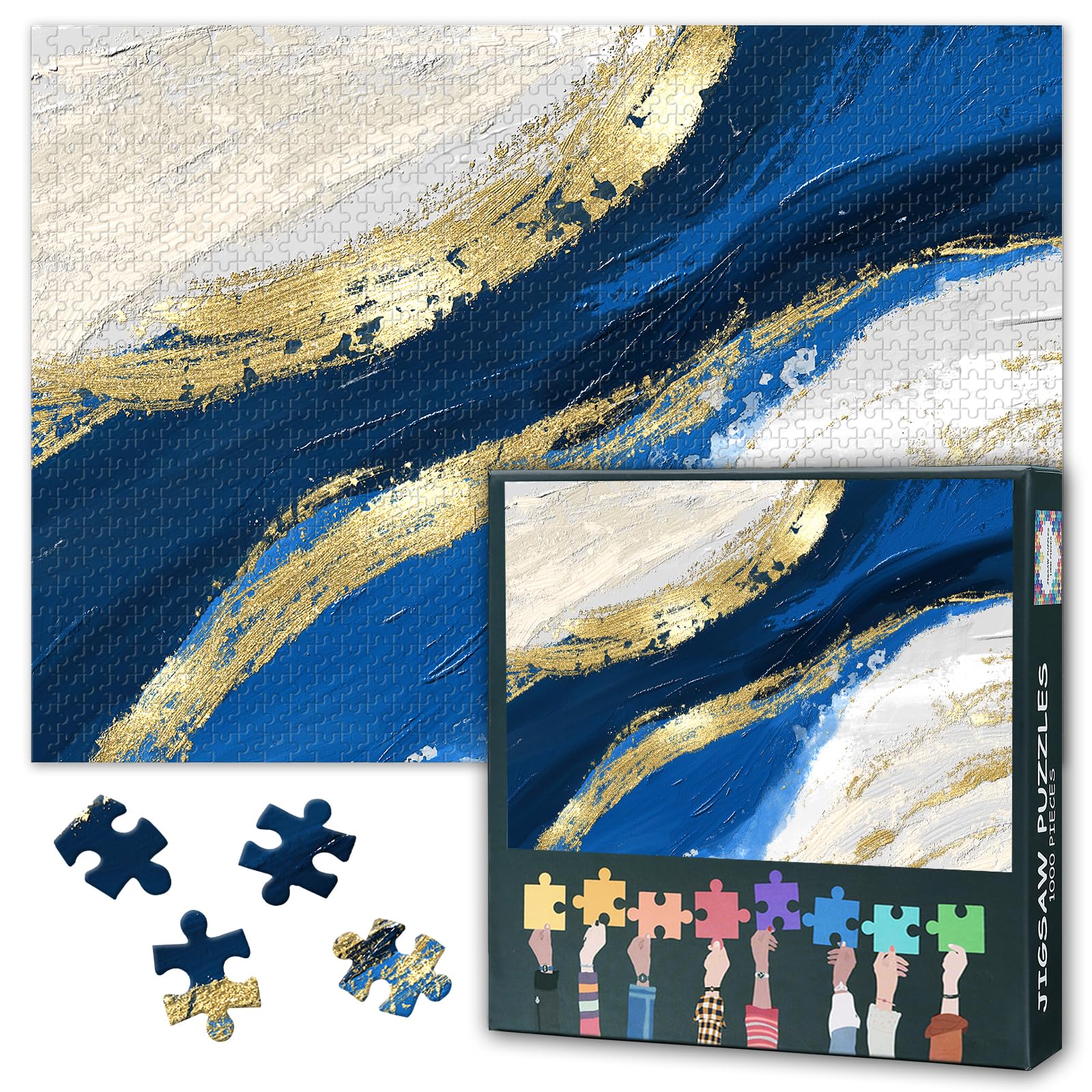 Abstract Jigsaw Puzzles UK - Blue and Gold Marbling Pattern, 50x70cm Challenging Puzzles for Adults, Teal Blue Gray Puzzle Home Decor & Family Board Games