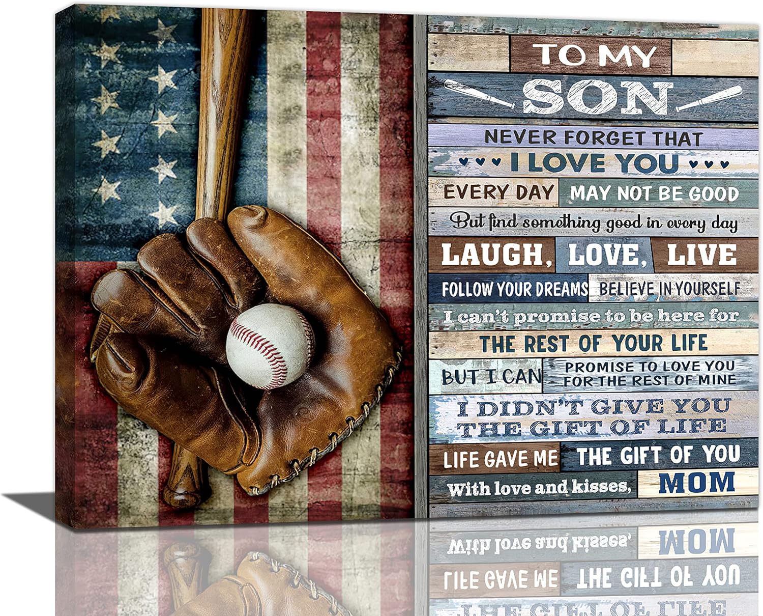 Baseball Sports Wall Art Baseball with Mitt on American Flag Pictures Wall Decor Canvas Baseball Vintage Artwork Gift To My Son Modern Home Decorations Framed for Office Boy Room Gym 12"x16"