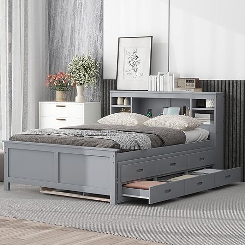 Miniatura 21 de Cama de plataforma de tamaño Queen con cabecero y cajones, marco de cama de plataforma de madera maciza con estantes, puertos USB y enchufes, marco