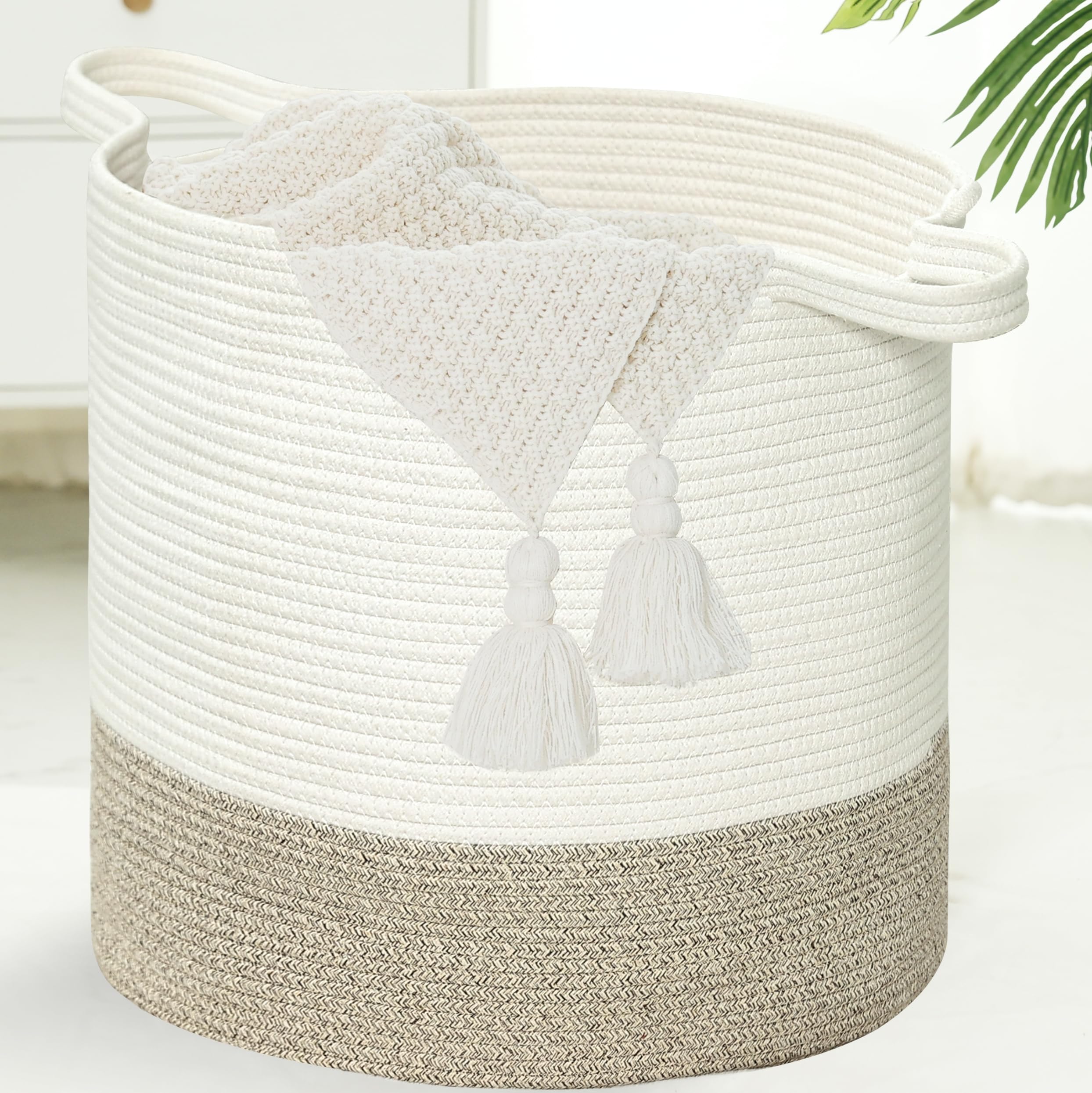 Extra Large Rope Basket, Baby Woven Blanket Basket, XXXL Nursery Woven Baskets for Storage, 17.3”x17.3”x16.5” Cotton Rope Basket Living Room, Kids Toy Basket, Large Basket for Blankets