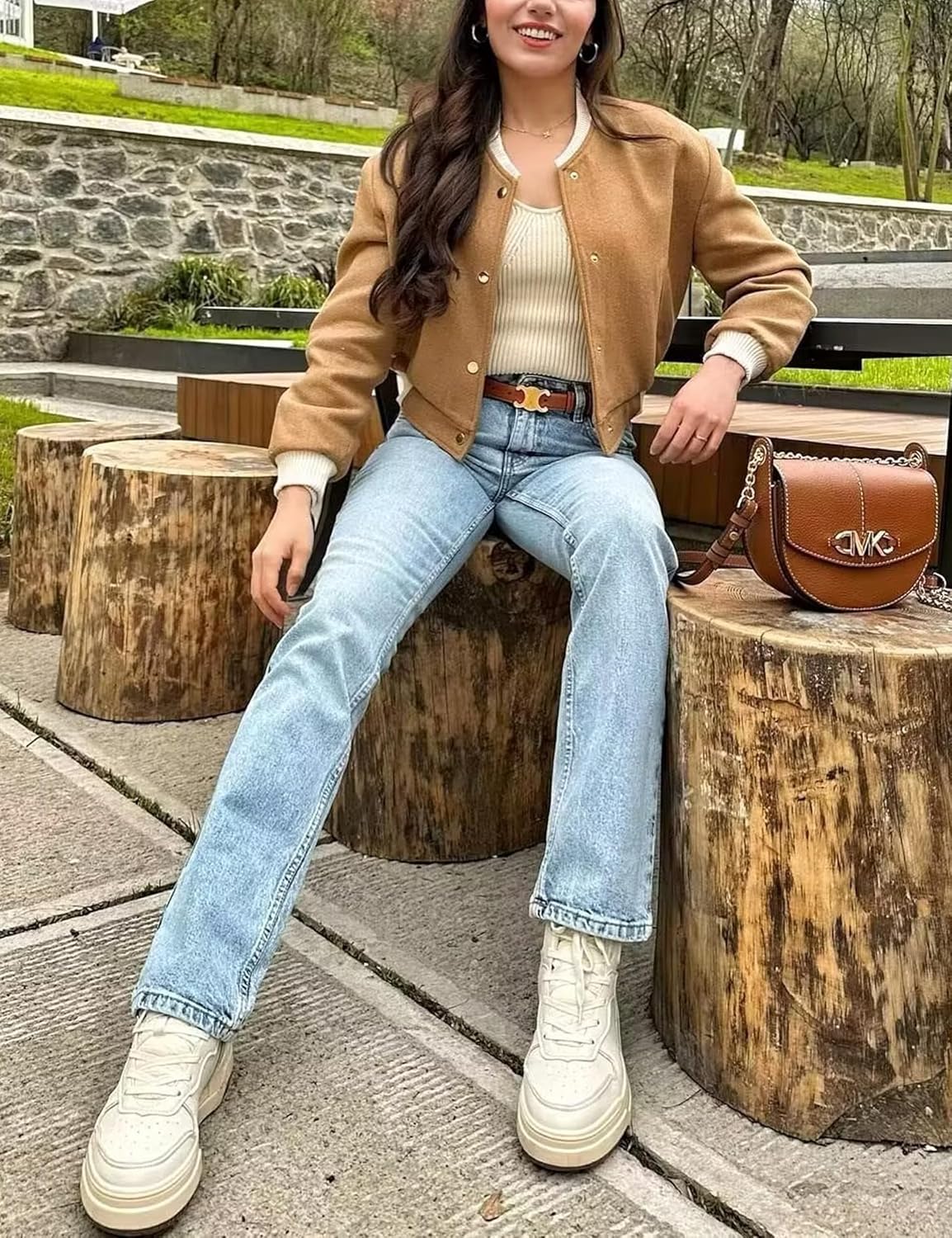 Oulivey Women's Cropped Street Bomber Jacket long sleeve Button Down Crop Tops Coat - Image 5