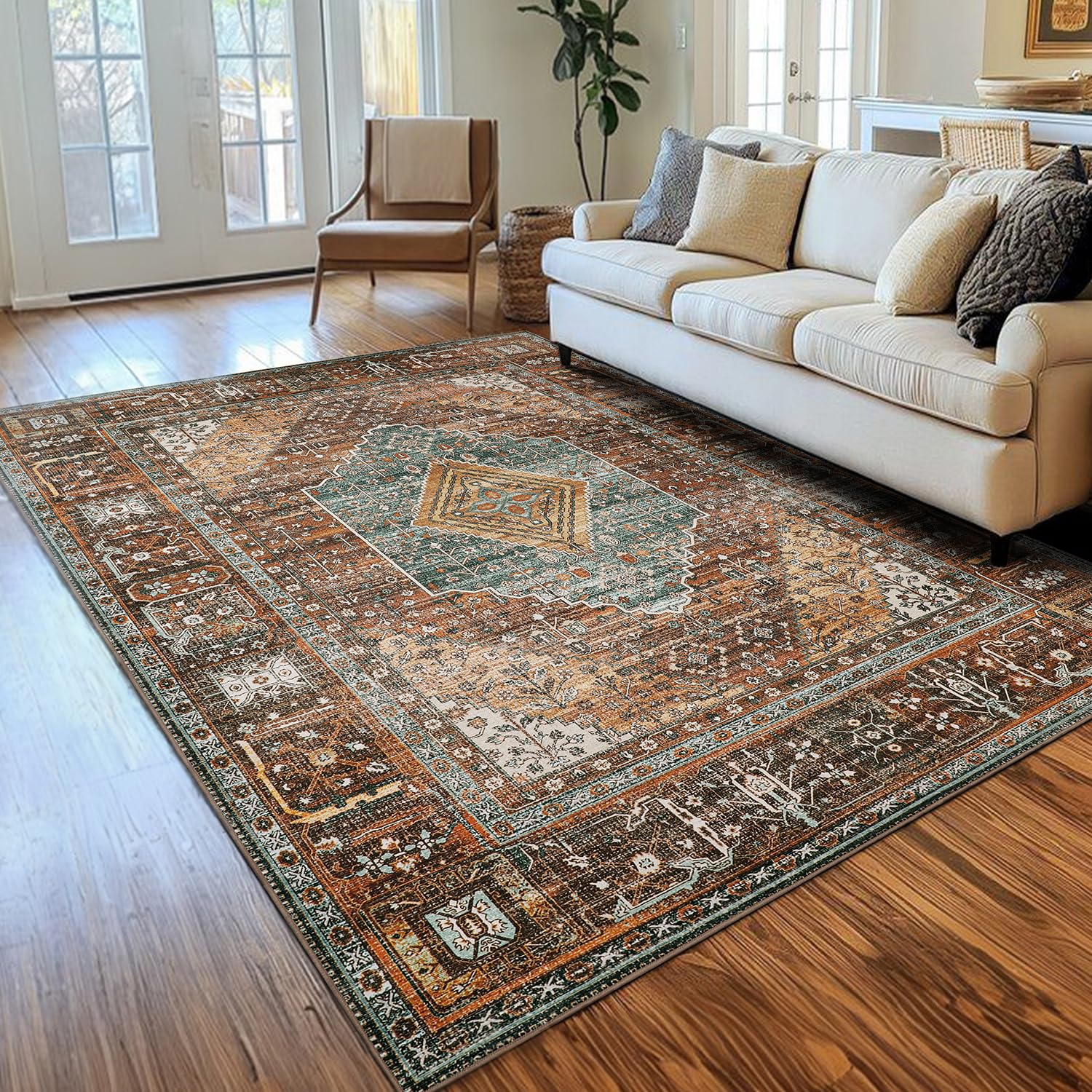 GENIMO Area Rugs 9x12 Living Room, Machine Washable Non Slip Indoor Vogue Large Rug, Low Pile Vintage Print Mat for Bedroom Dining Room Home Office and Kitchen, Brick-red