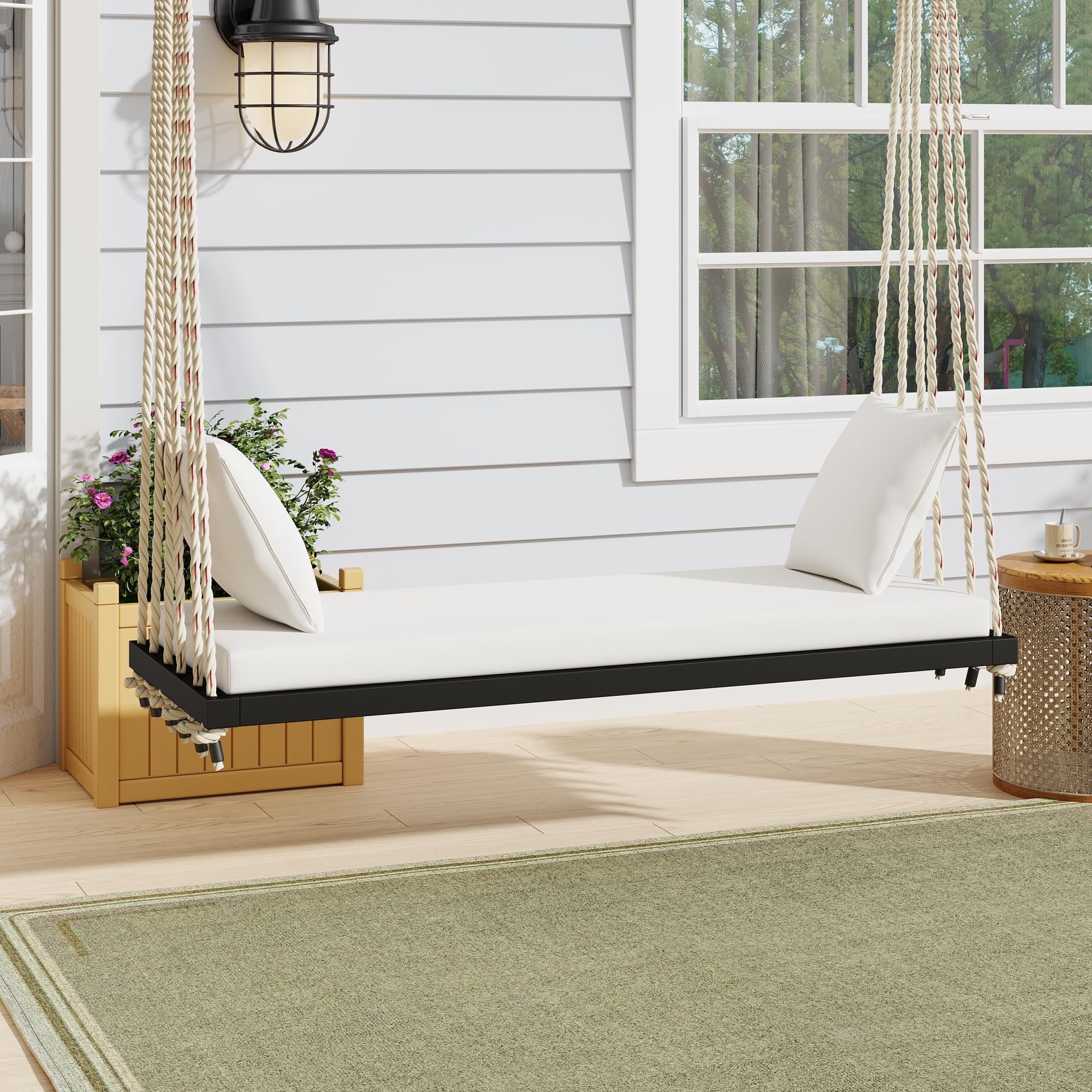 Patio Acacia Wood Porch Swings Chair, Hanging Porch Swing Bench with Cushion&Pillows and 10.8Ft Hemp Ropes for Garden Backyard Lawn (Black-Acacia)