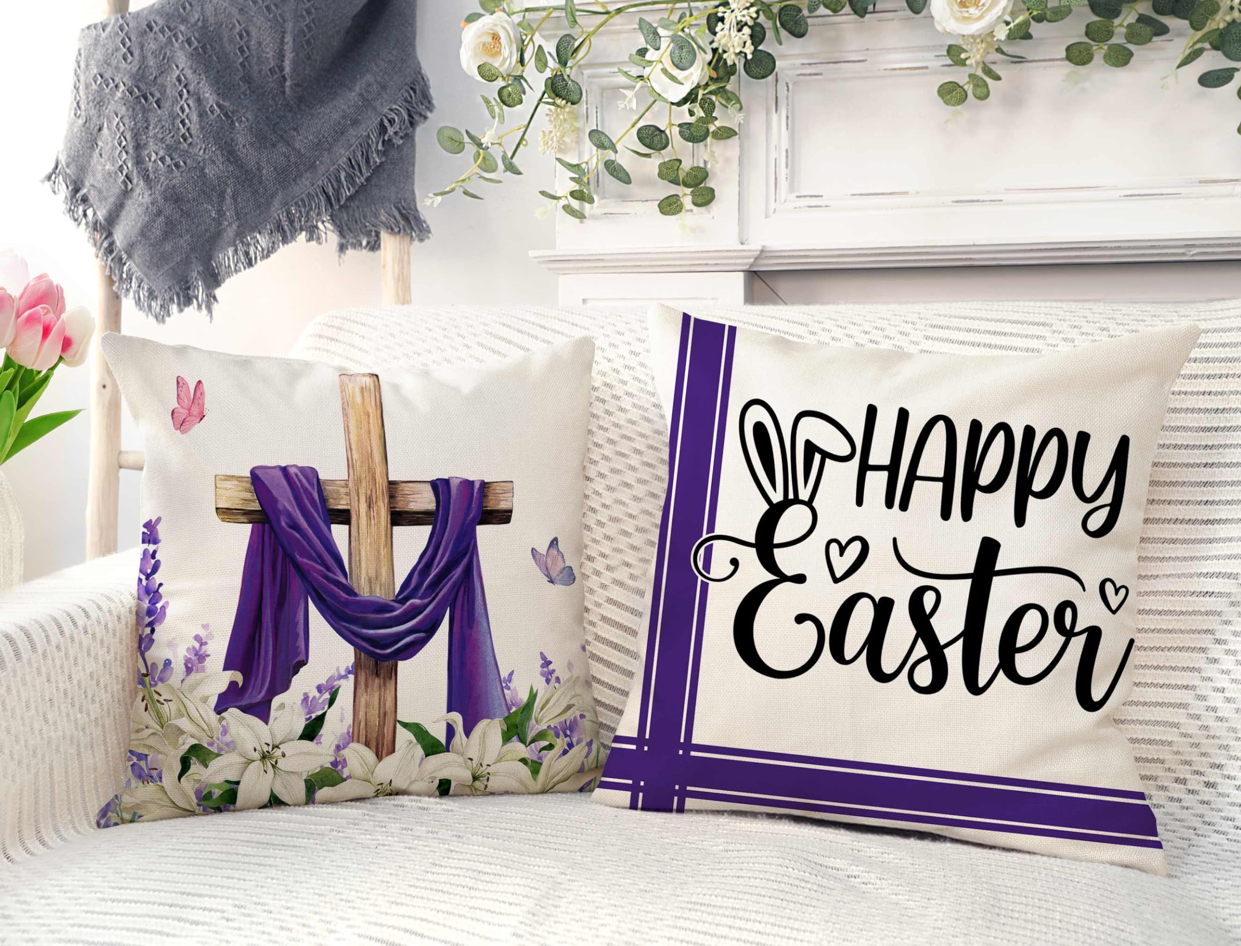 4TH Emotion Easter Throw Pillow Covers 18 x 18 Inch Set of 4, He is Risen Spring Farmhouse Holiday Purple Cushion Case for Home Sofa Couch Decoration TH177 3