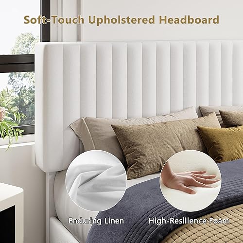 Miniatura 3 de iPormis Base de cama tamaño Queen, plataforma tapizada con cabecera vertical de terciopelo, patas anchas y soporte de listones de madera fuerte, no