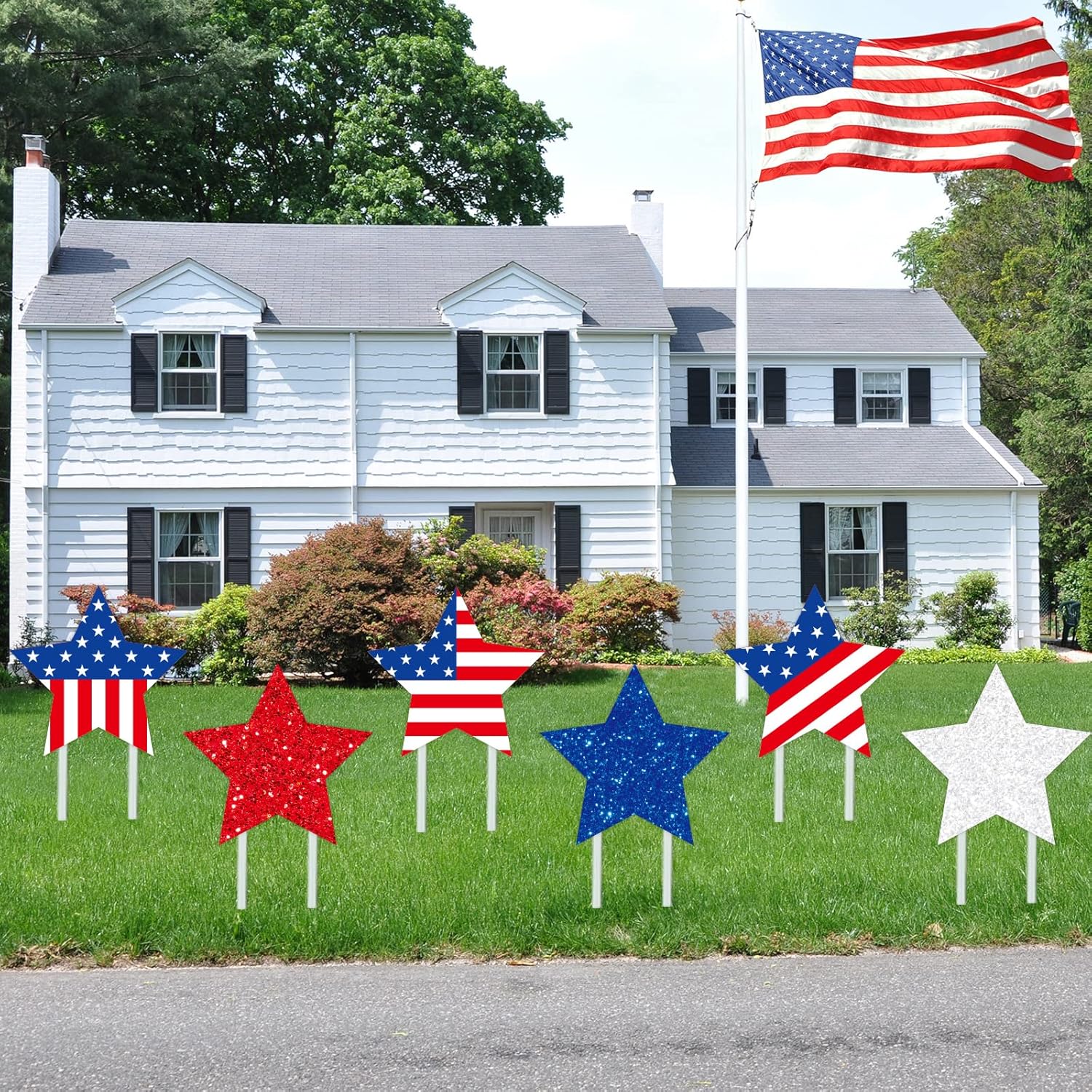 Whaline 12Pcs 4th of July Yard Signs Patriotic Star Yard Sign with 24Pcs Stakes Red White Blue Stars and Stripes Yard Decorations for Independence Day Memorial Day Garden Yard Lawn Outdoor Decor