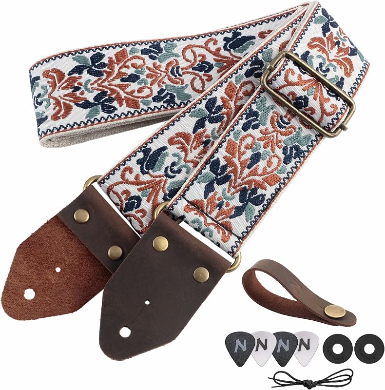 Guitar Strap,Jacquard Embroidery Cotton Guitar Straps with Crazy Horse Leather Ends for Bass, Electric & Acoustic, Best Gifts for Kids, Guitarists(Golden Jacquard)