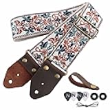 Nefelibata Guitar Strap,Jacquard Embroidery Cotton Guitar Straps with Crazy Horse Leather Ends for Bass, Electric & Acoustic, Best Gifts for Kids, Guitarists(Golden Jacquard)