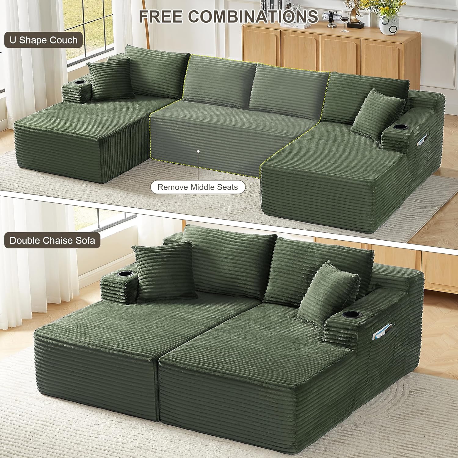 Tmsan 133.5" Green Oversized U Shaped Cloud Couch, Large Boneless Deep Seat Modular Sectional Sofa with Cup Holders & Side Pockets, Modern Corduroy Foam Compressed Sofa Set for Living Room Apartment