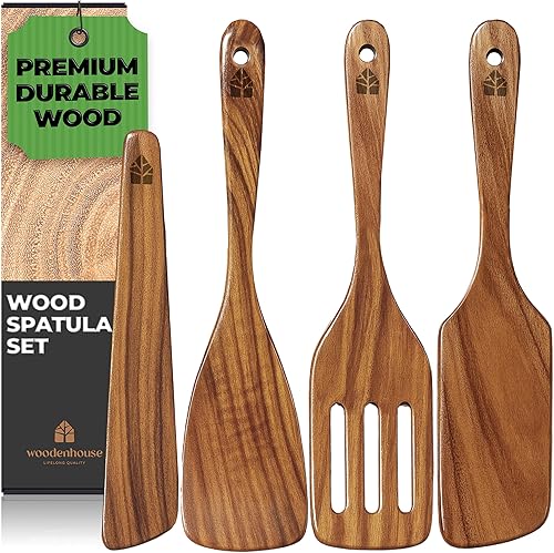Espátula de madera para cocinar, espátulas de teca para uso en la cocina - Juego de 4 utensilios de cocina de madera que incluye pala, espátula,