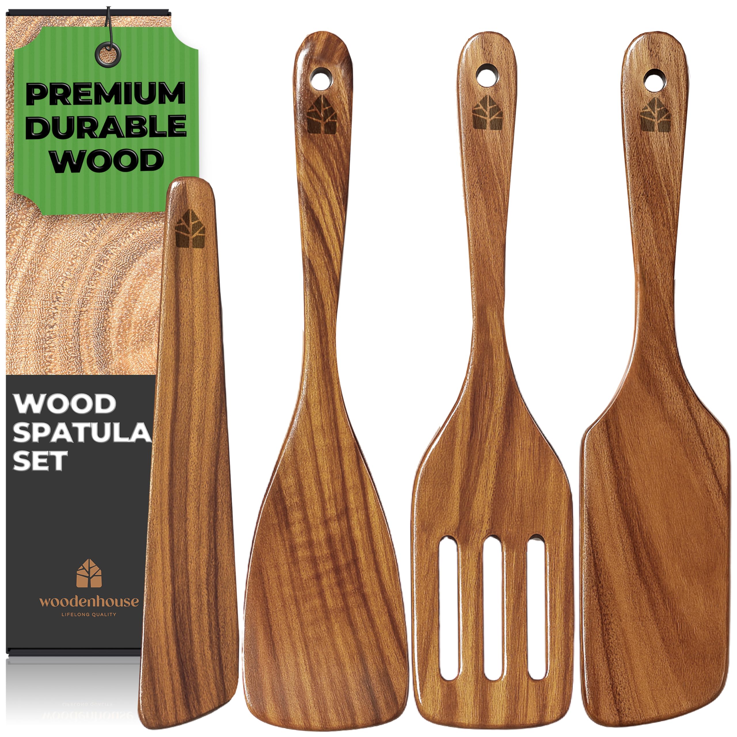 WOODENHOUSE LIFELONG QUALITY Wooden Spatula for Cooking, Kitchen Set of 4, Natural Teak Wooden Utensils including Paddle, Turner Spatula, Slotted Spatula and Wood Scraper. Nonstick cookware.