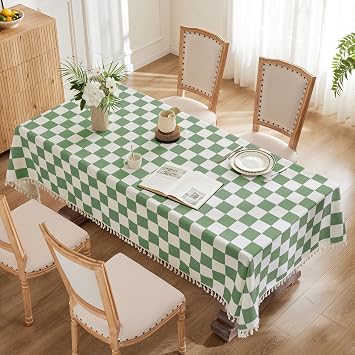 Ohocut Checkered Tablecloth with Tassel Sage Green Checkerboard Table Cloth Rectangle Table Cover for Kitchen Dinning Room Picnic Washable Wrinkle Free Cotton Linen Fabric 55x71