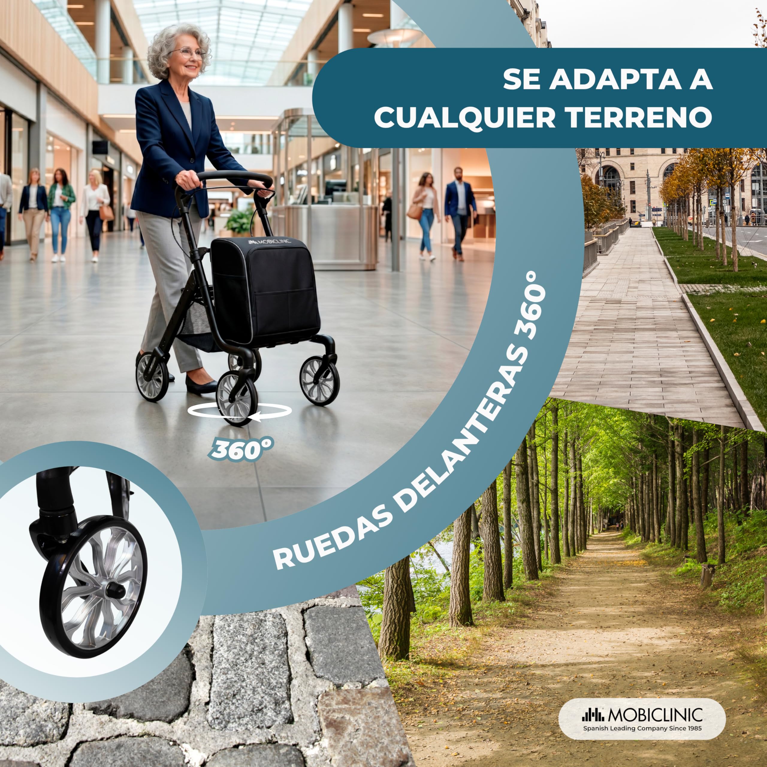 Mobiclinic®, Andador Plegable + Carro de la Compra, 2 en 1, Freno de Estacionamiento, Regulable en 6 Alturas, Monomando, Cesta y Bolsa XXL Extraíble, Ruedas 360º, Resistente, Aluminio, Formen