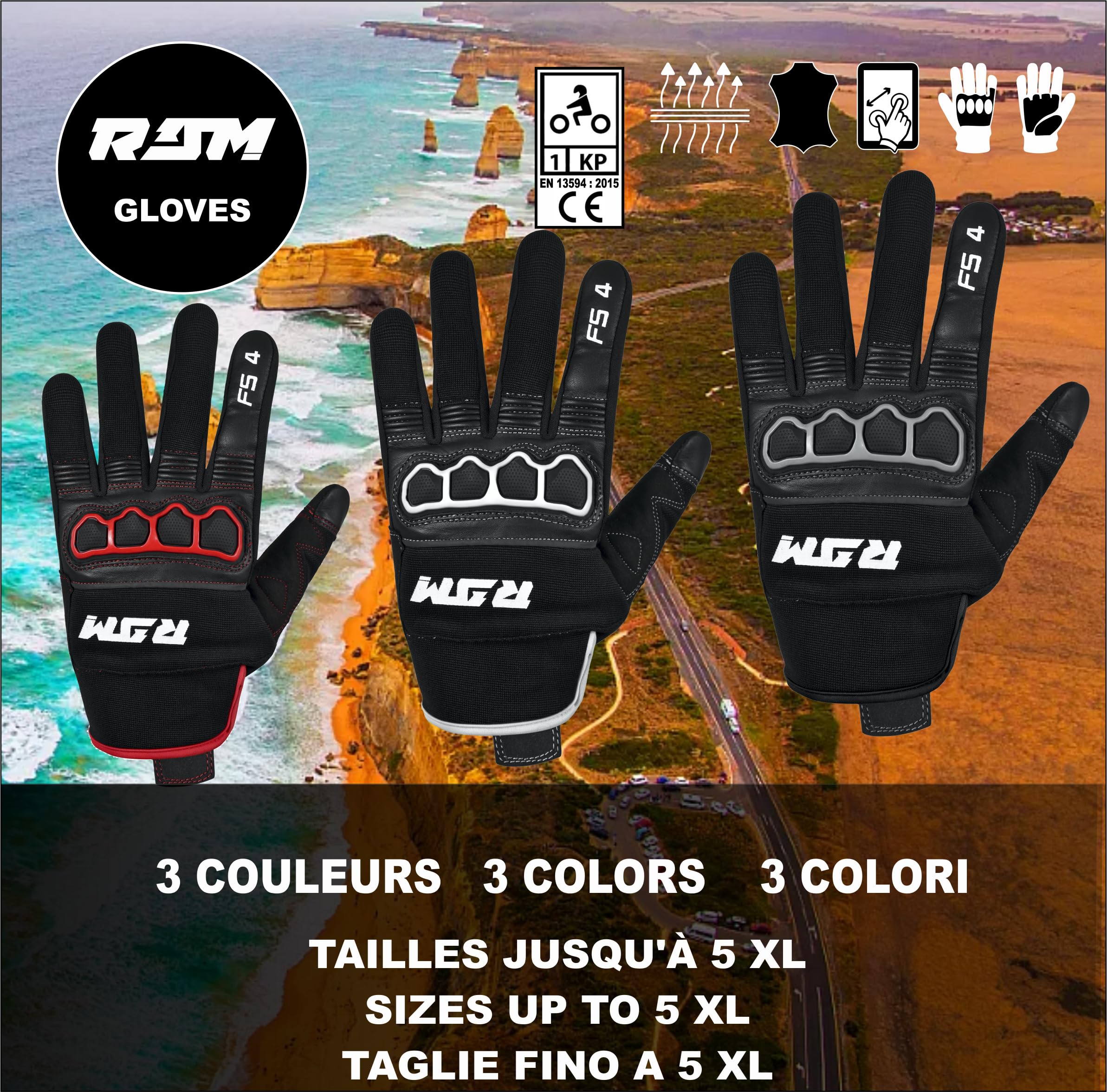 TLA RAM Guanti moto con protezioni nocche omologati CE, Taglie sino 5XL uomo e donna, Guanti da moto, scooter, quad, touchscreen, traspiranti, mezza stagione, alta protezione all'impatto