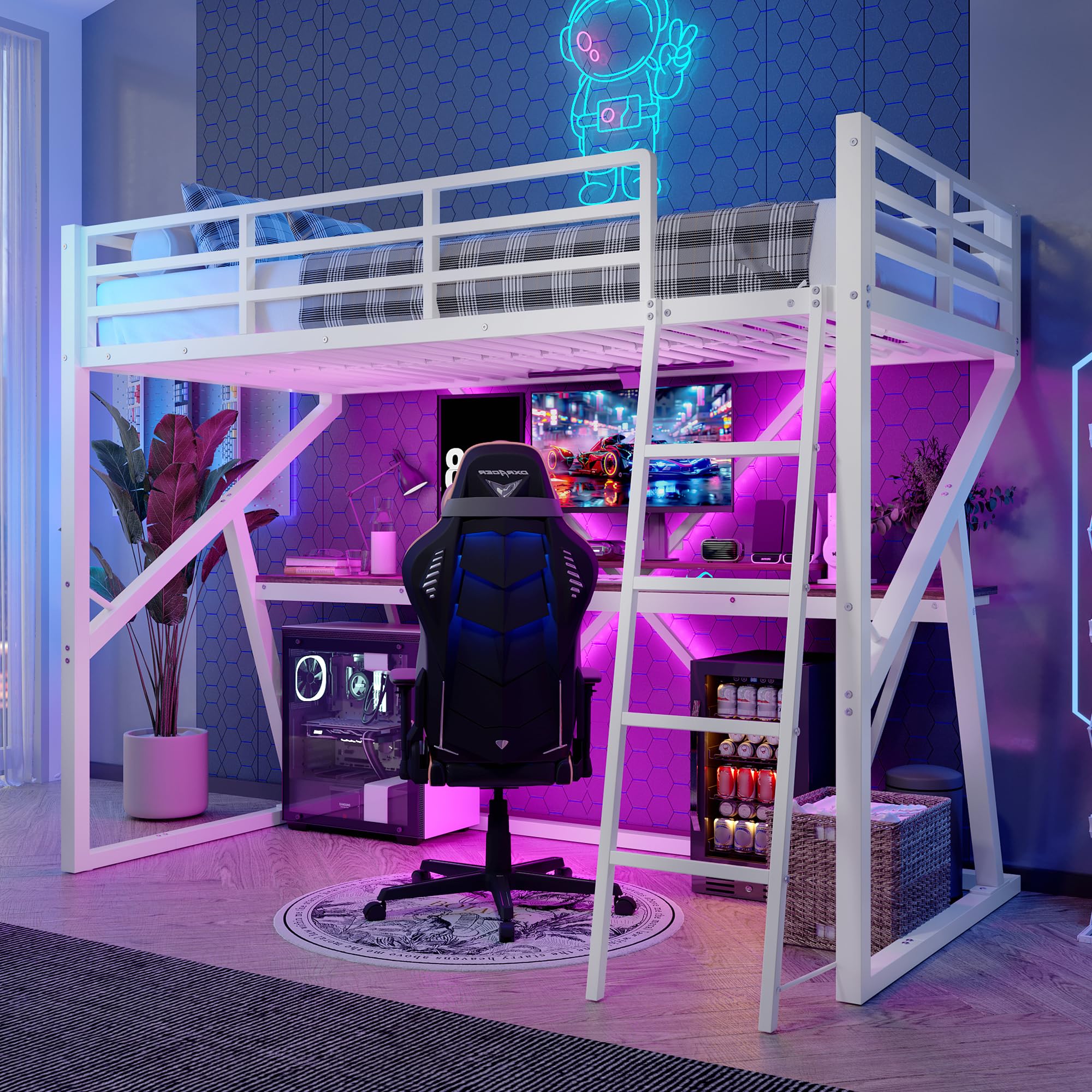 Cama alta de metal 90 x 200 cm, con luces LED, para niños, adolescentes y adultos, litera de metal con escritorio y escalera anticaídas, sin colchón (blanco)