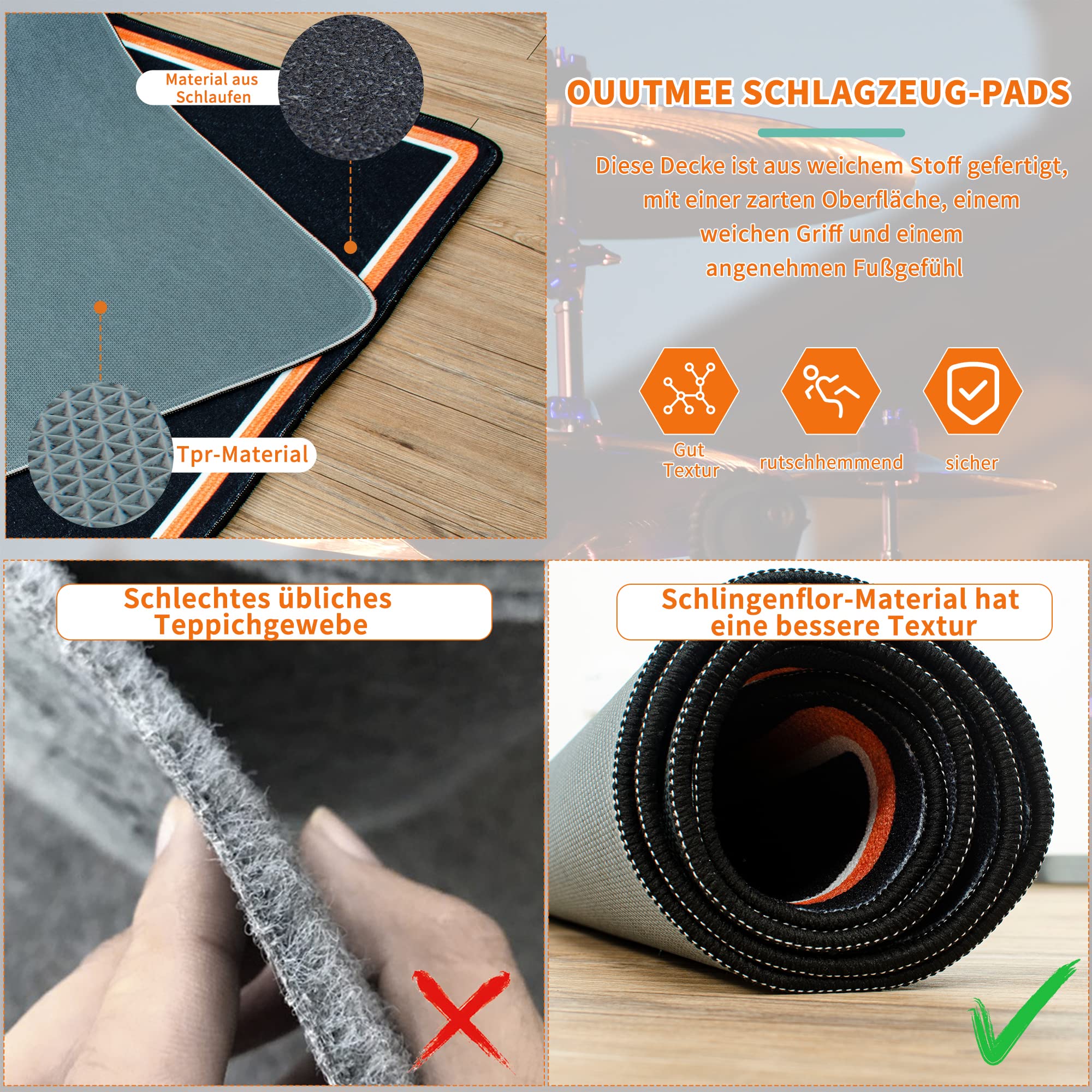 OUUTMEE Tappeto tamburo nero + bordo arancione 155 x 122 cm, tappetino antiscivolo per batteria fonoassorbente, tappetino elettronico per esercizi