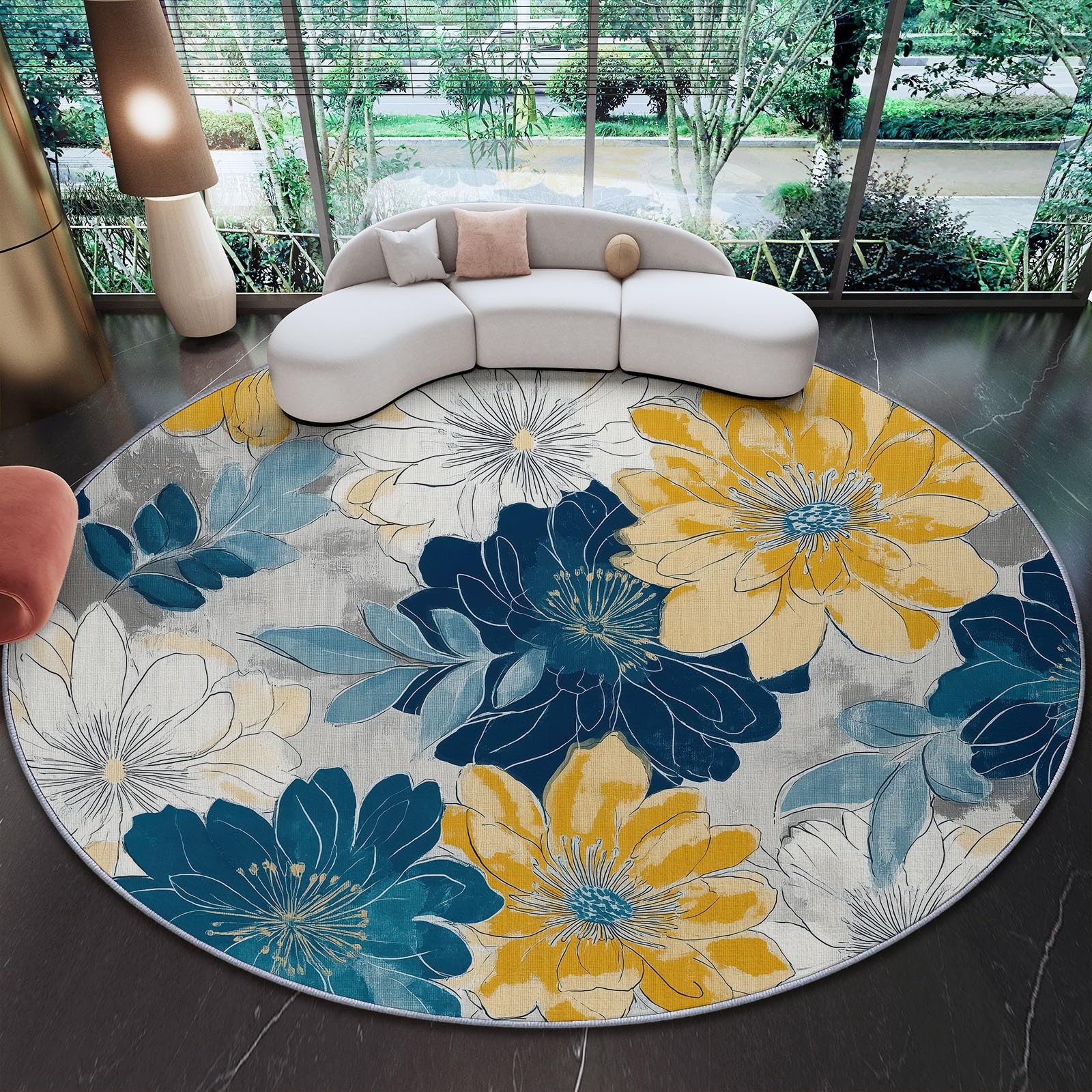 Teppich Rund 150 cm Elegant Retro Blumen, rutschfest Teppiche Wohnzimmer Runder - Waschbar Rund Teppiche Kurzflor Weich Runder Teppich Senfgelb Blau for Schlafzimmer Studie