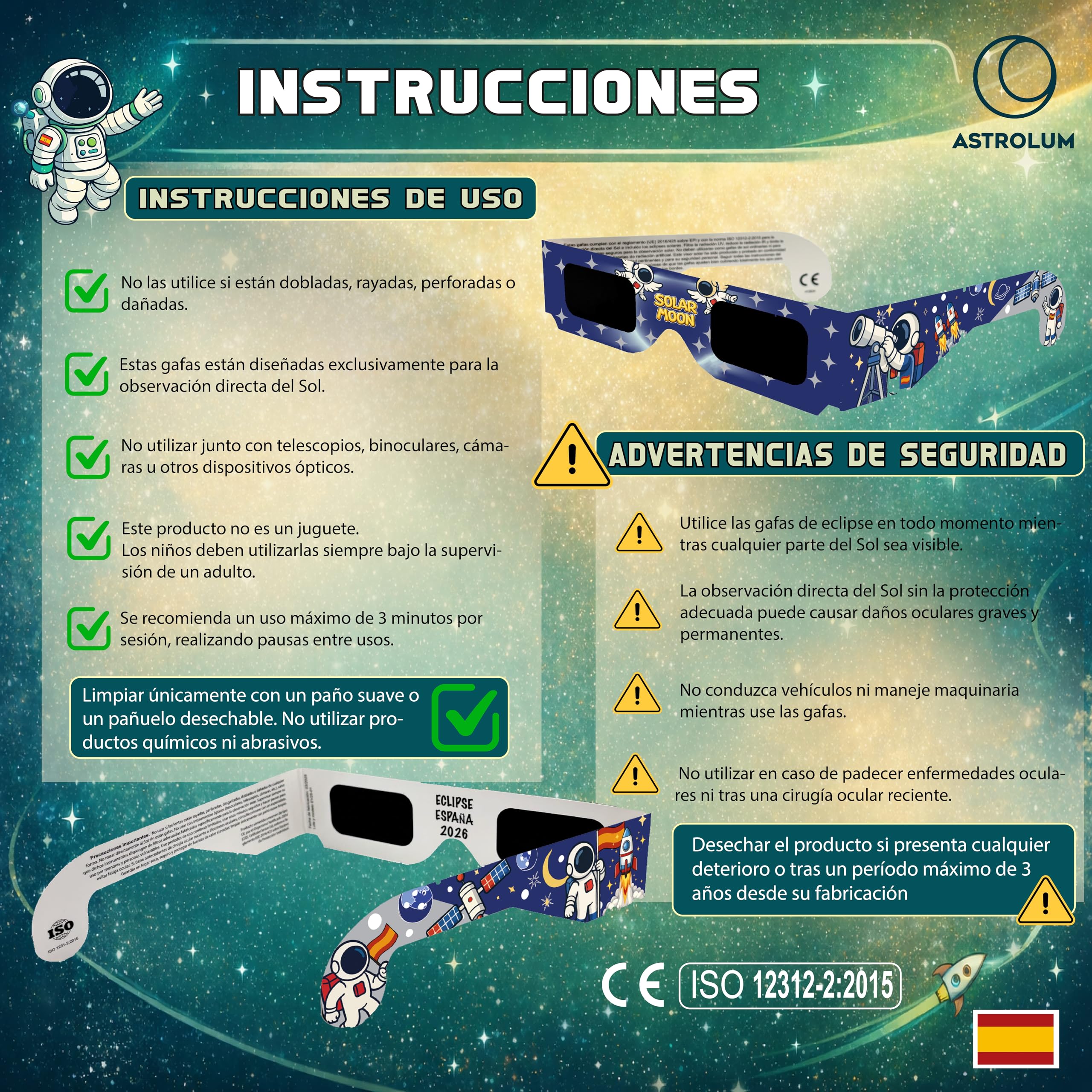Gafas Eclipse Solar Homologadas ISO 12312-2:2015 y Certificadas CE para Observar Eclipses con Máxima Seguridad, Cumplen Normativa UE 2016/425, Fabricante Español, Color Azul — view 10