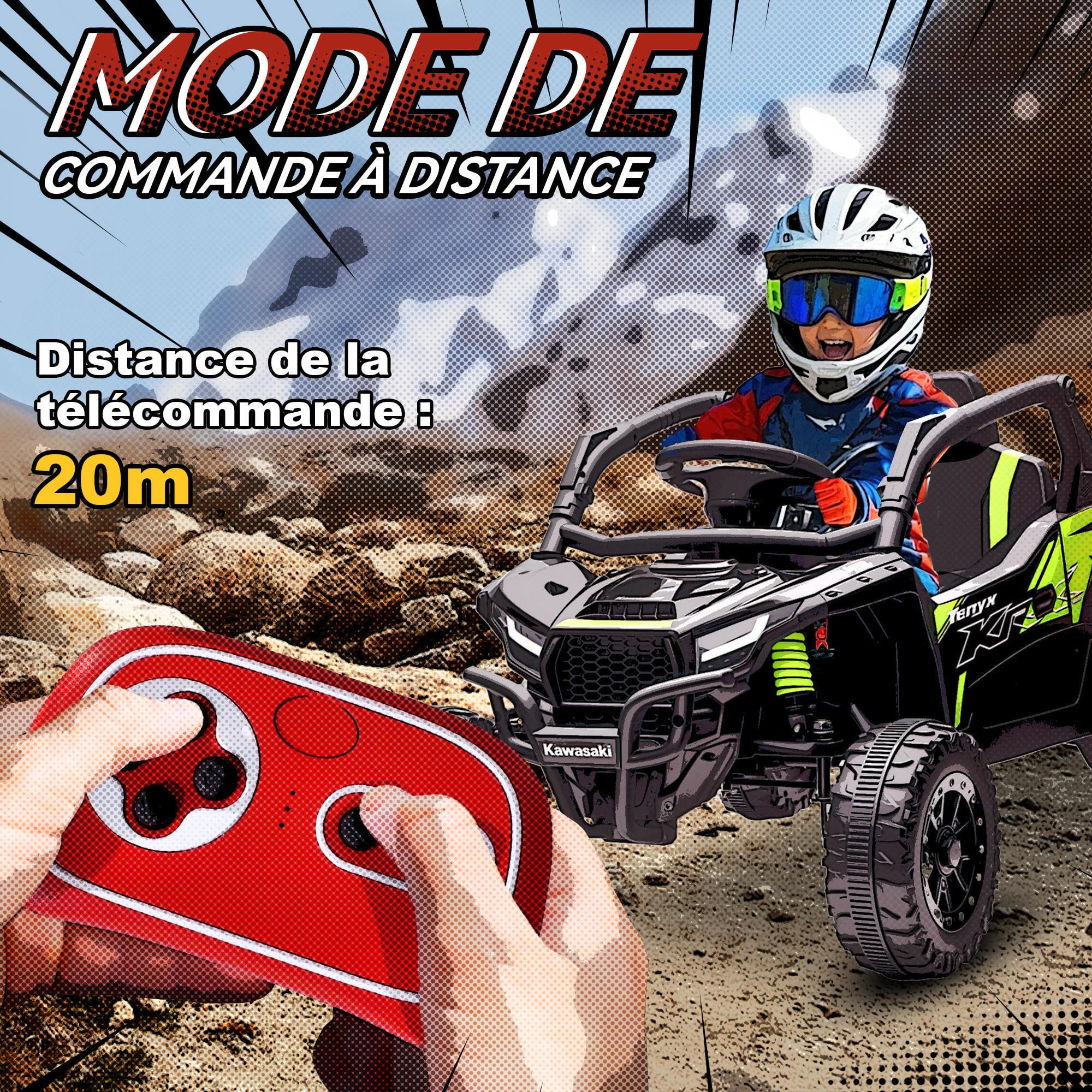 AIYAPLAY Voiture électrique Enfant UTV Kawasaki TERYX KRX 1000, Buggy électrique Enfant 12 V à 2 Moteurs 25 W avec télécommande 2,4 Ghz et Suspension arrière, phares LED, Musique et klaxon, Noir