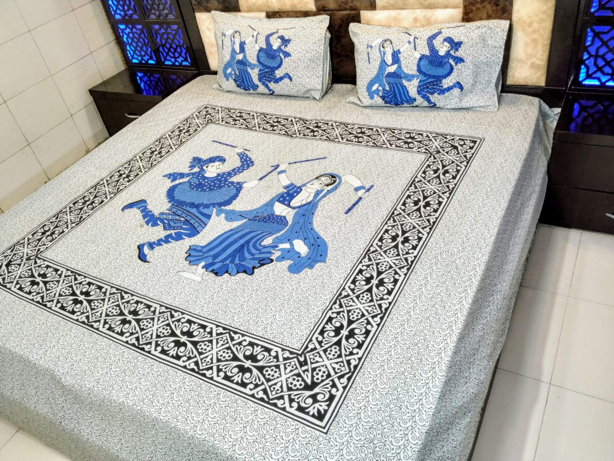 Drap de lit indien fait main de Jaipur en pur coton imprimé Sanganeri