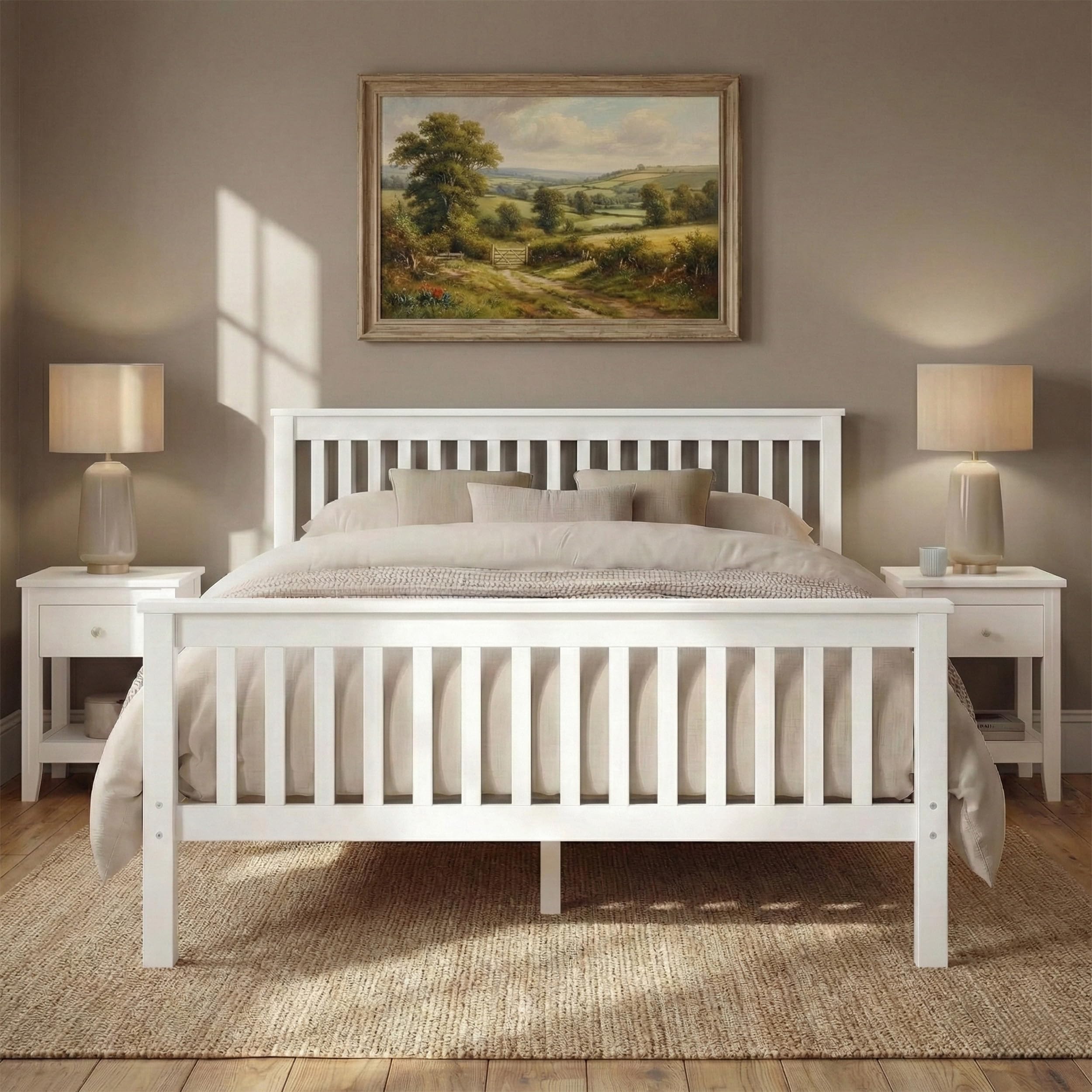 Blisswood Double Bed, 4ft6 Double Bed Frame for Bedroom, Solid Pine Wood Bed Frames For Kids & Adults, Wooden Bed Frame With Headboard & Low Foot, Double Beds 198L x 143W x 82H, White