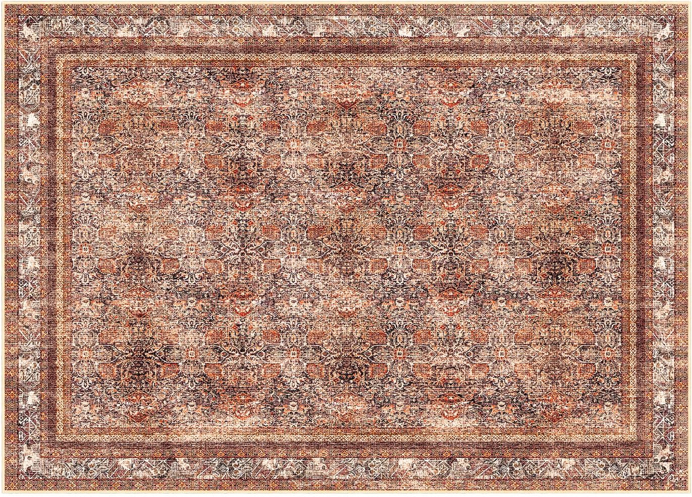 Phantoscope Washable Area Rug 5'x7' Non-Slip, Vintage Neutral Xmas Rugs for Living Room, Bedroom, Dining Room, Distressed Boho Floral Medallion Pattern, Low-Pile Foldable Floor Carpet, Brick Red/Black