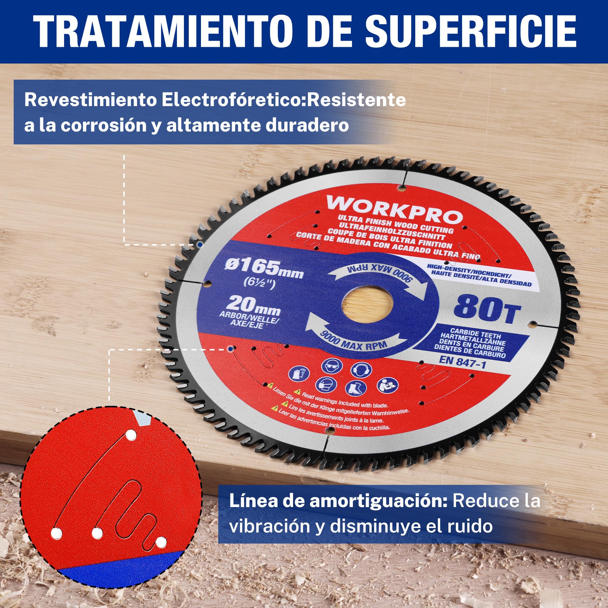 WORKPRO Sierra Circular 165 x 20 mm 80 dientes, TCT Disco de Corte para Madera, Madera Contrachapada, MDF, Paneles de Yeso, Laminado, Plástico