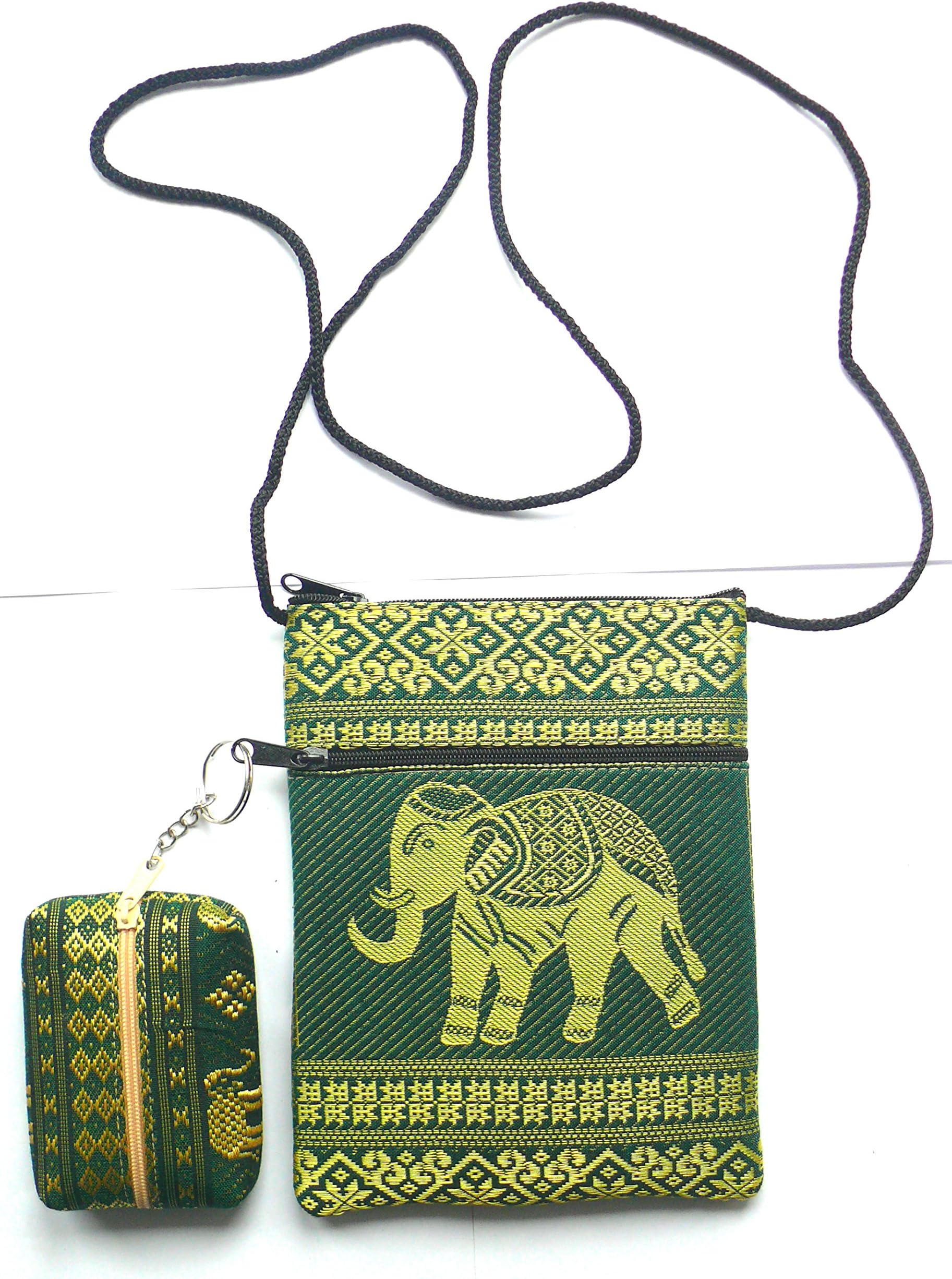 The Camphor Tree Green & gold elephant passport shoulder bag with matching coin purse