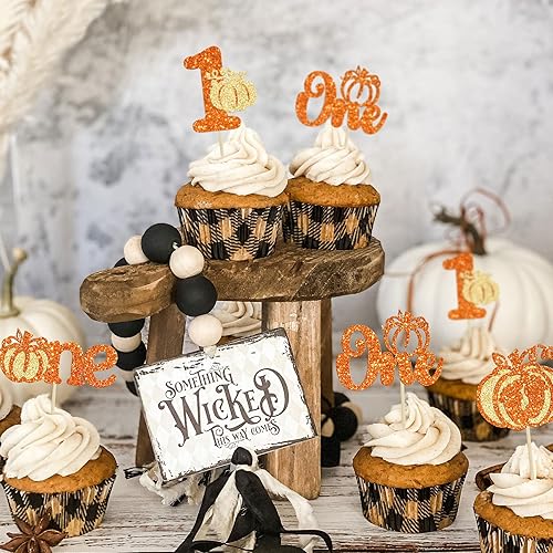 Miniatura 6 de Gyufise 24 piezas de calabaza con purpurina para cupcakes de 1er cumpleaños para temática de otoño, baby shower, fiesta de primer cumpleaños,