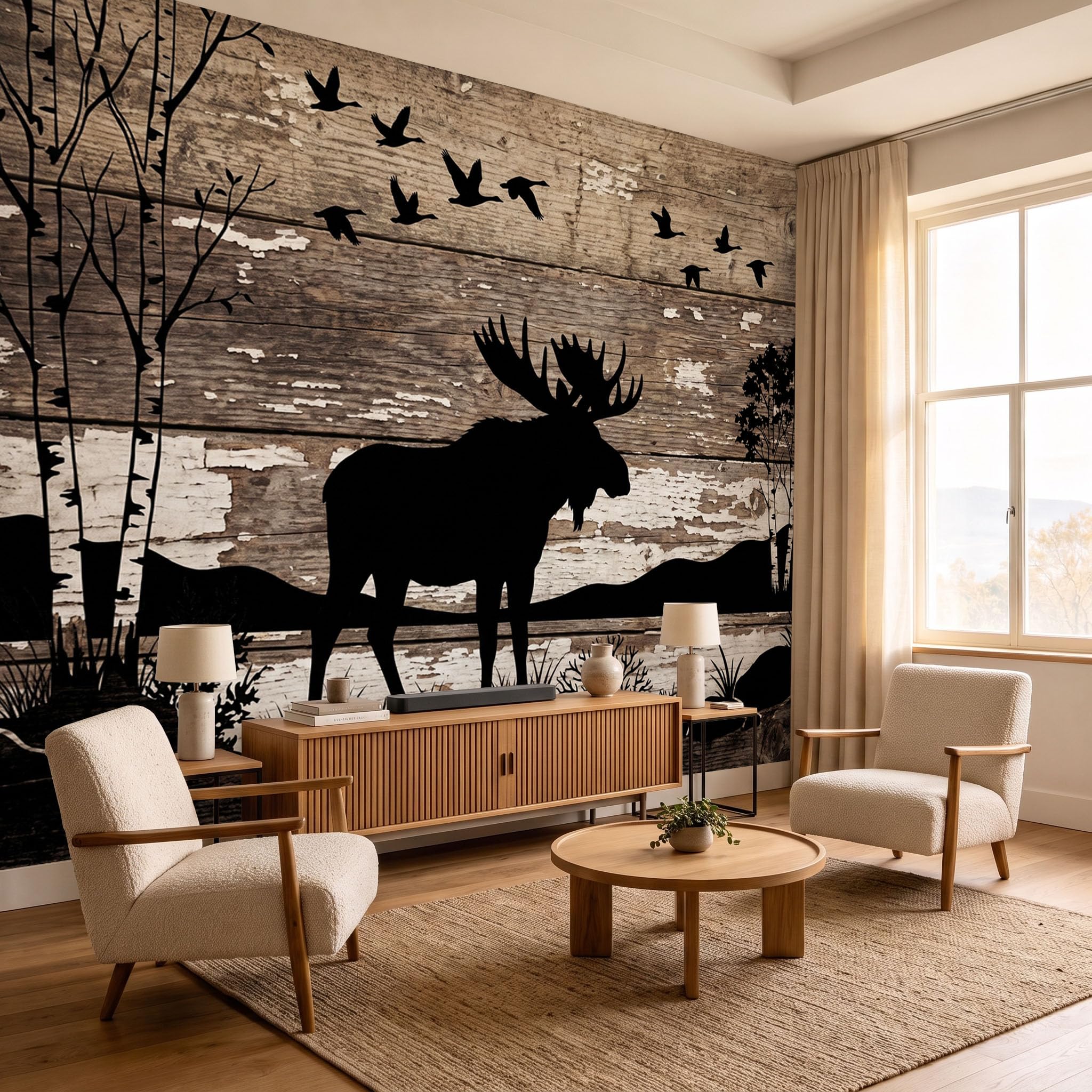 Carta Da Parati Effetto 3D country retrò 400x280cm Fotomurali seta, Silhouette della foresta alci Decorazione Poster Arte Murale Moderna per Casa Ufficio