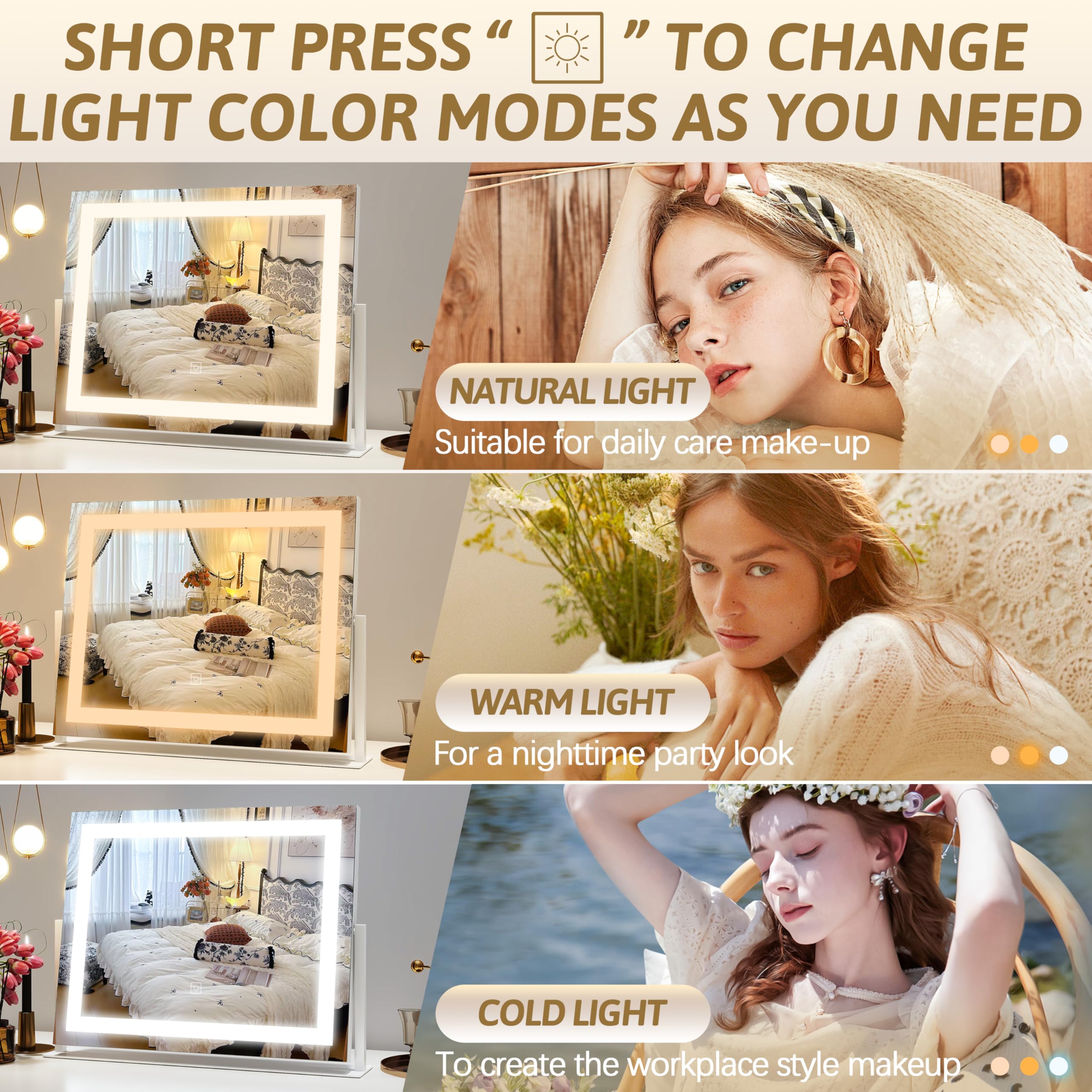 ROLOVE 22x17 Inch Lighted Vanity Mirror - Dimmable LED Lights, 3 Color Modes, Touch Control & 360° Rotating Base - View #7
