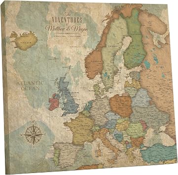 HolyCowCanvas Personalized Europe Map on Canvas in Vintage Earth Tones, Travel Map with Pins to Mark Travels, European Pin Board, Maps for Wall Push Pin, Gift for Travelers 30"x30", Ready to Hang