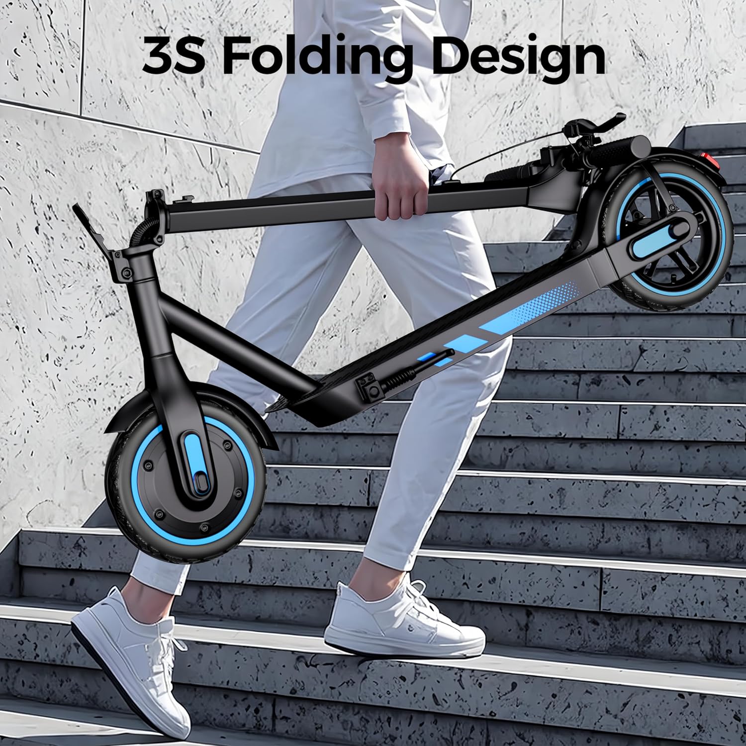 Person carrying a folded EGGKING V10 Electric Scooter up stairs, demonstrating its 3-second folding design.