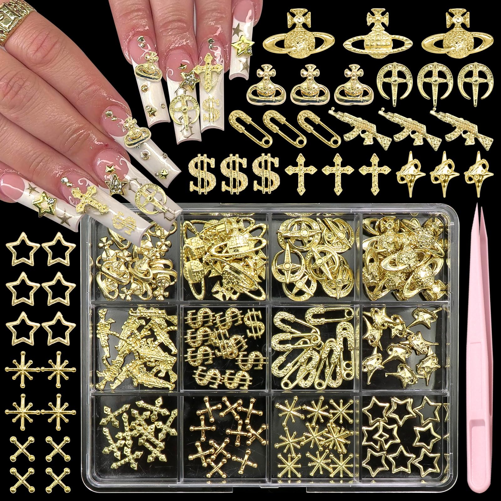 BELICEY 3D Nail Charms Gold 12 Styles Alloy Stars Planet Cross Nail Art Pendants Golden Punk Gun Dollar Pin for Acrylic Nails Mix Y2K Nail Jewelry for Nails Design-image-28